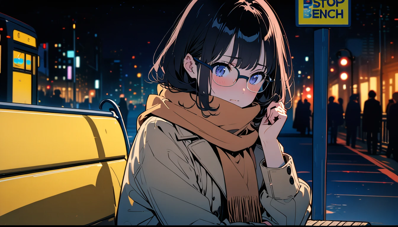 (( black hair)),((Pale Color)),masterpiece, ((( coat and scarf pulling elbows ))),Highest quality, Beautiful attention to detail, Very detailed, In detail, High resolution, Perfect Anatomy, , , Girl, (one person:1.5), alone, (Glasses), (The face is bright), (((night bus stop bench background))), sad expression 、 Background, (City Pop anime),  Kyoto Animation, ,anime, 