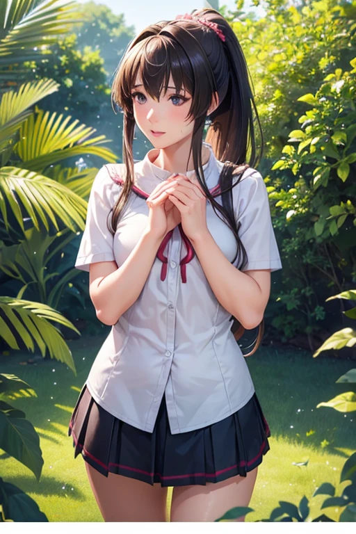 Girl in the garden,Feel the summer sunshine, Photo with ,Wearing a ponytail and a miniskirt,足を組んin立っている, in,Putting both hands on a fire hydrant. ( top quality ,4K,8k, high definition ,masterpiece:1.2), ultra detail ,( realistic ,photo realistic ,photo- realistic :1.37), illustrations, beautiful detailed eyes, Beautiful Detailed Lips, extremely exquisite eyes and face, has long eyelashes, Bright expression,  bright colors ,Gentle sunlight, Open Chest Outfit 