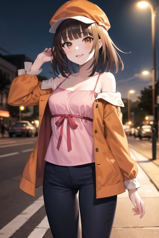 masterpiece,  top quality ,  high definition , you are not,  short hair, Brown Hair, Cabby Hat, orange headdress , blunt bangs,  brown eyes,  Shoulder Top ,  orange jacket,  pink shirt , ribbon,  blue pants , smile,  standing,  cowboy shot,  outdoors on the street at night