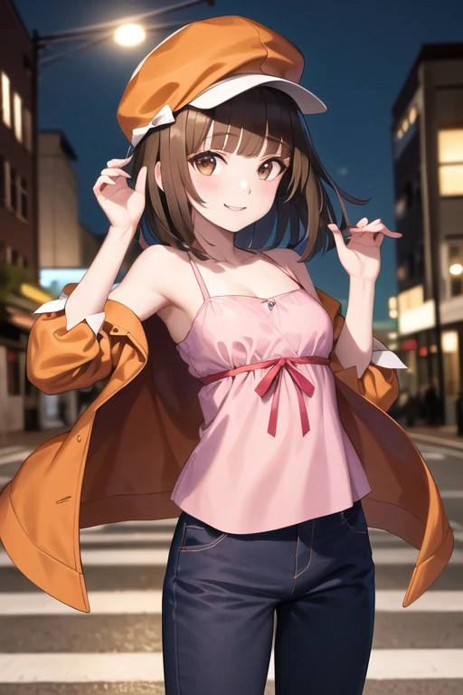 masterpiece,  top quality ,  high definition , you are not,  short hair, Brown Hair, Cabby Hat, orange headdress , blunt bangs,  brown eyes,  Shoulder Top ,  orange jacket,  pink shirt , ribbon,  blue pants , smile,  standing,  cowboy shot,  outdoors on the street at night