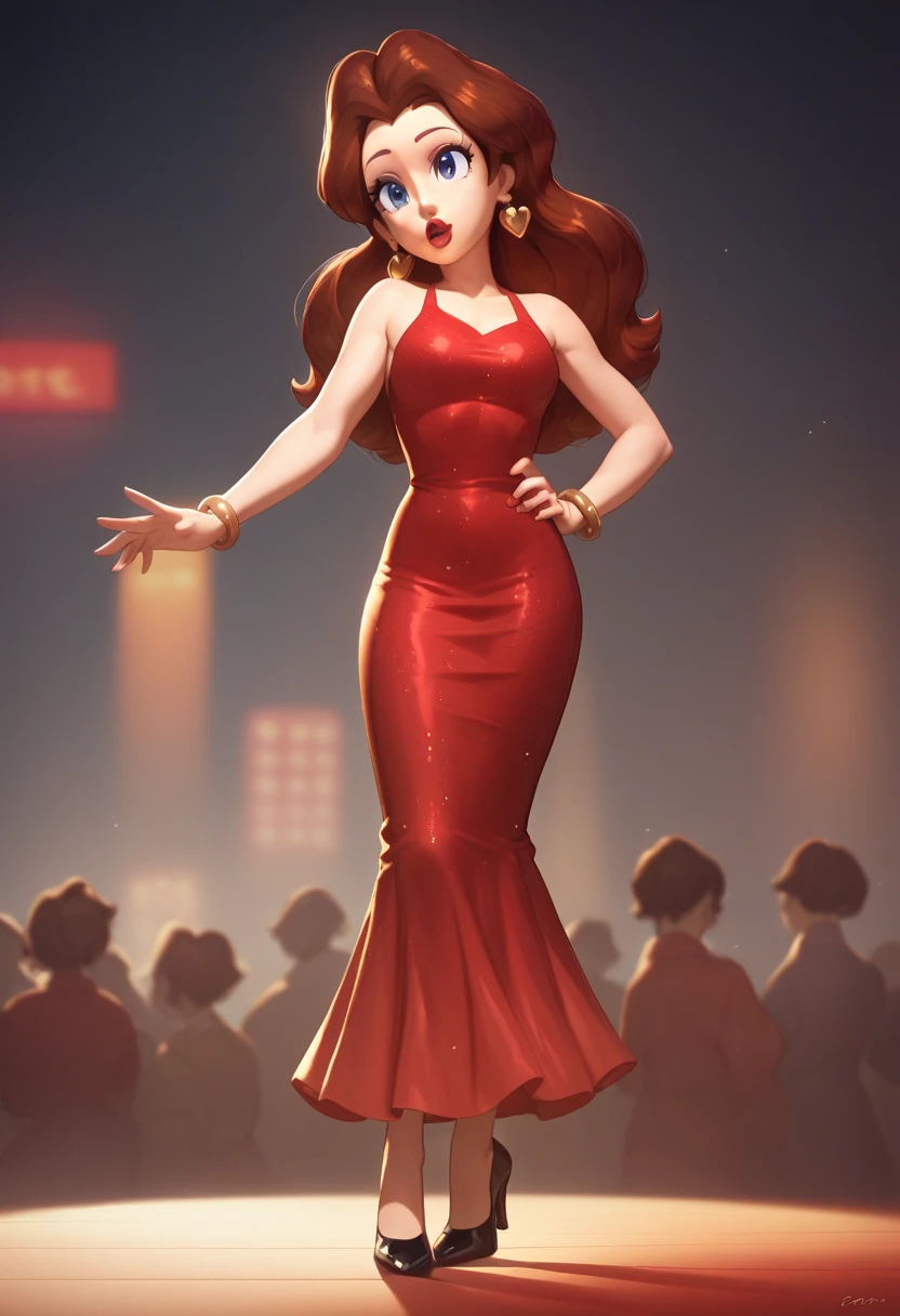 Cute Pauline wearing a sparkling red tight dress, black Mary Jane tap heels,, performing on stage with a city background, black mix with brown hair, performing a tap dance to the audience, eyes are centered