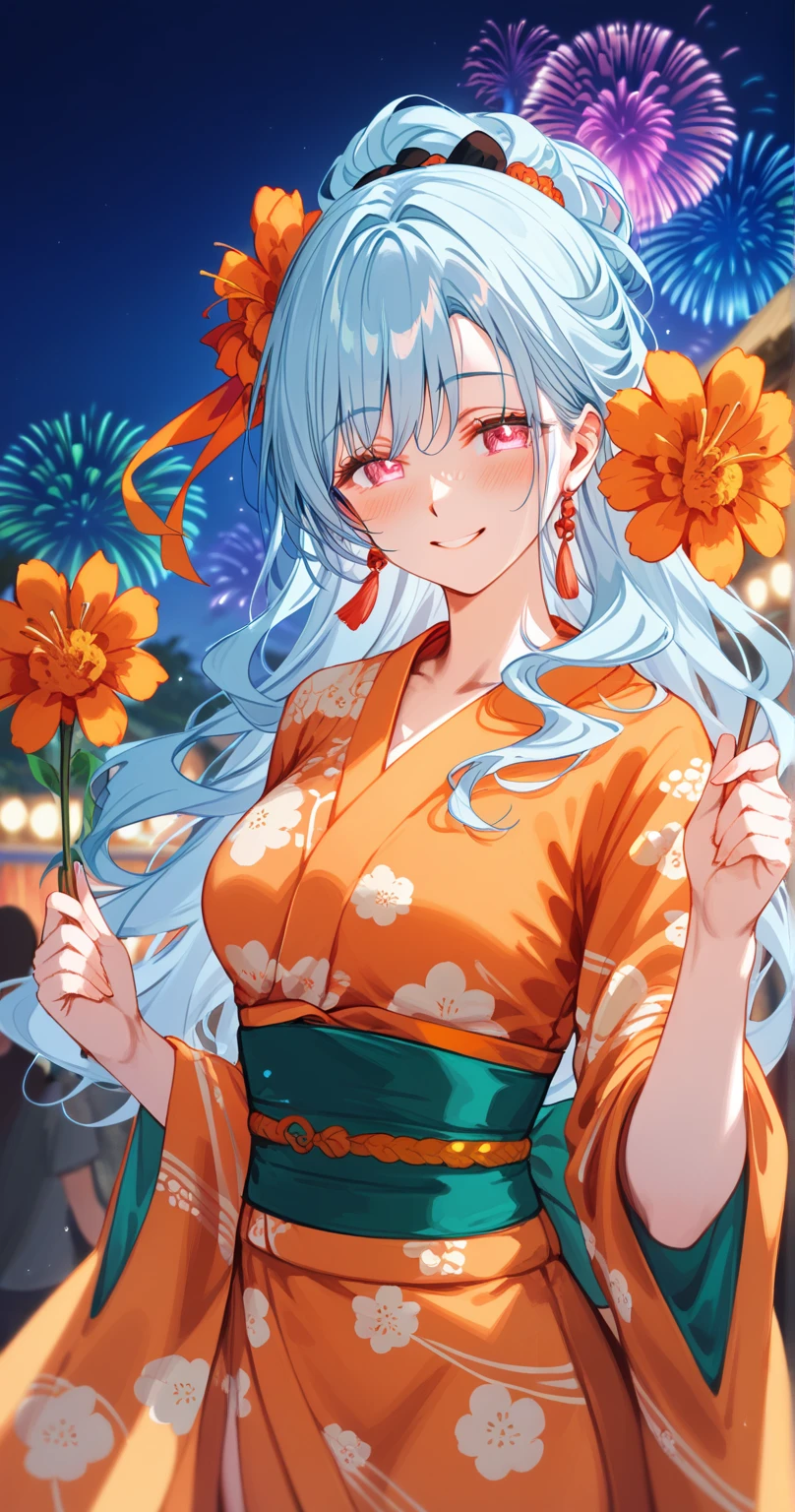 romancing saga 2, (half updo), pink eyes, light blue hair, hair ornament, black hairband, orange flower kanzashi,(light orange yukata), emerald green obi, bangs
BREAK
25 year old woman、medium breasts, largish eyes ,oval face, mature female ,Moist eyes、Gentle eyes、Gentle look , blush,smile
BREAK
high definition , masterpiece,  anatomically correct ,  very detailed,  High Quality 
BREAK
Dienamic sexy pose、cowboy shot,summer festival at night, fireworks