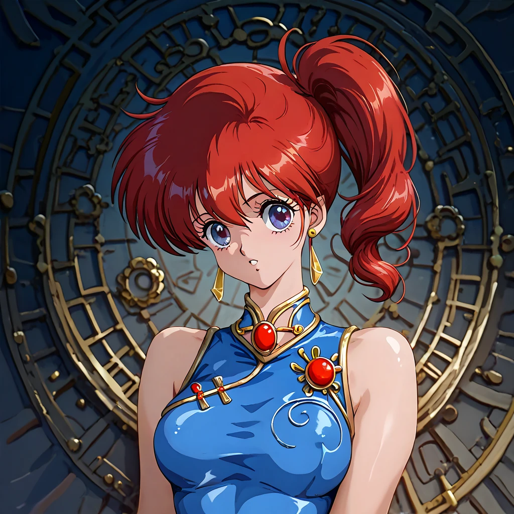 (( top quality )), ((masterpiece)), ( Details), （ perfect face）、Red-haired Yoko Asagiri is wearing a gorgeous and sexy Chinese Chinese dress with gold embroidery and edging