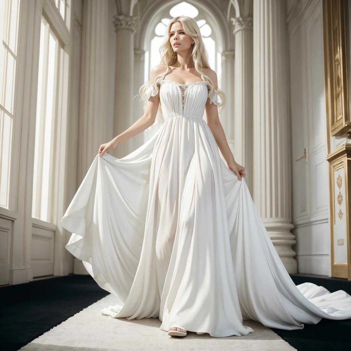 Galadriel from Lord of The Rings, white blonde hair, high detail transparent bodycon plunging white gown, ethereal, powerful, magical, 8k, (insanely detailed:1.5), full body photograph, 20 megapixel, canon eos r3, detailed skin, pale skin