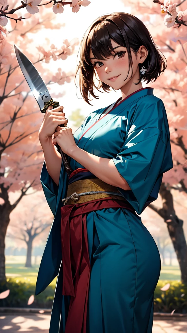  A young beautiful Japanese female martial artist ，Serious eyes ， Confident Smile ， dressed in Japanese kimono ，Hands holding a Tai Sword ， on a field full of cherry blossoms all around， in a fighting pose ，Stare ahead， with a feisty vibe ， dancing a perfect knife 