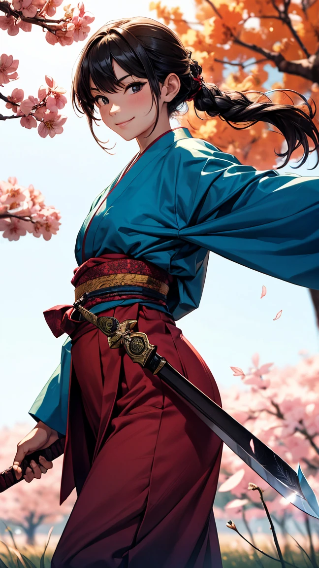  A young beautiful Japanese female martial artist ，Serious eyes ， Confident Smile ， dressed in Japanese kimono ，Hands holding a Tai Sword ， on a field full of cherry blossoms all around， in a fighting pose ，Stare ahead， with a feisty vibe ， dancing a perfect knife 