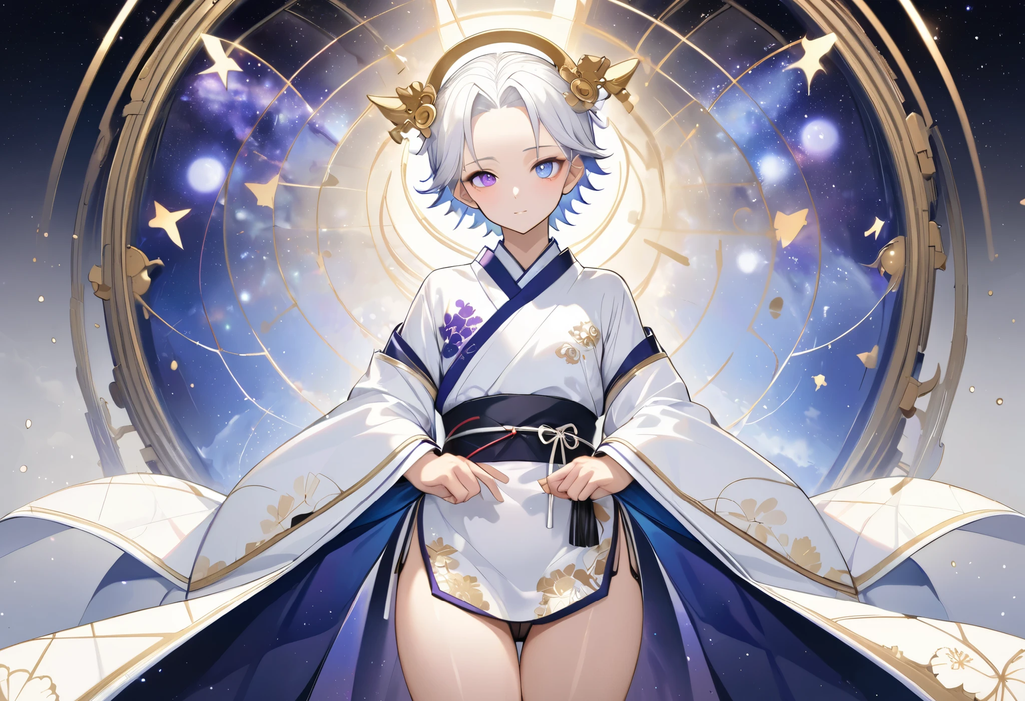 Fresh illustration,
Ultra-fine drawing,
Very delicate illustration,
Very fine details,
One boy,
Full body,
Height 158cm,
Pale skin,
Right eye is purple,
Left eye is blue,
Odd eyes,
Heterochromie iris,
Beautiful eyes,
Large black pupils,
Cleanly cut hairstyle,
Slicked back hairstyle,
Short hair,
Shiny hair,
White hair,
Protruding forehead,
Cute face,
Pretty face,
Shiny halo on the back of the head,
Raised eyebrows,
Kimono upper body,
Japanese clothing upper body,
Masculine build,
Six pack,
Very small breasts,
No breasts,
Chinese dress lower body,
Black obi,
Overall white clothes,
Tasteful embroidery with gold thread,
Clothes with high-quality texture,
Jock straps,
Thigh straps top,
thigh straps digging into skin,
white long boots,
Japanese-style toes,
five fingers and toes,
thin waist,
thin legs,
isometric,
golden ratio,
divine atmosphere,
wearing an indigo-colored stand-up collared inner,
outer space,
galaxy,
countless small stars,
tactical use of shadows,
free pose,
sexy pose,
exposed skin,
naughty pose,
adult pose,
lewd appearance,
looking at camera,
buttocks facing camera,
pervert,
clothes are see-through, revealing pink nipples and erect penis