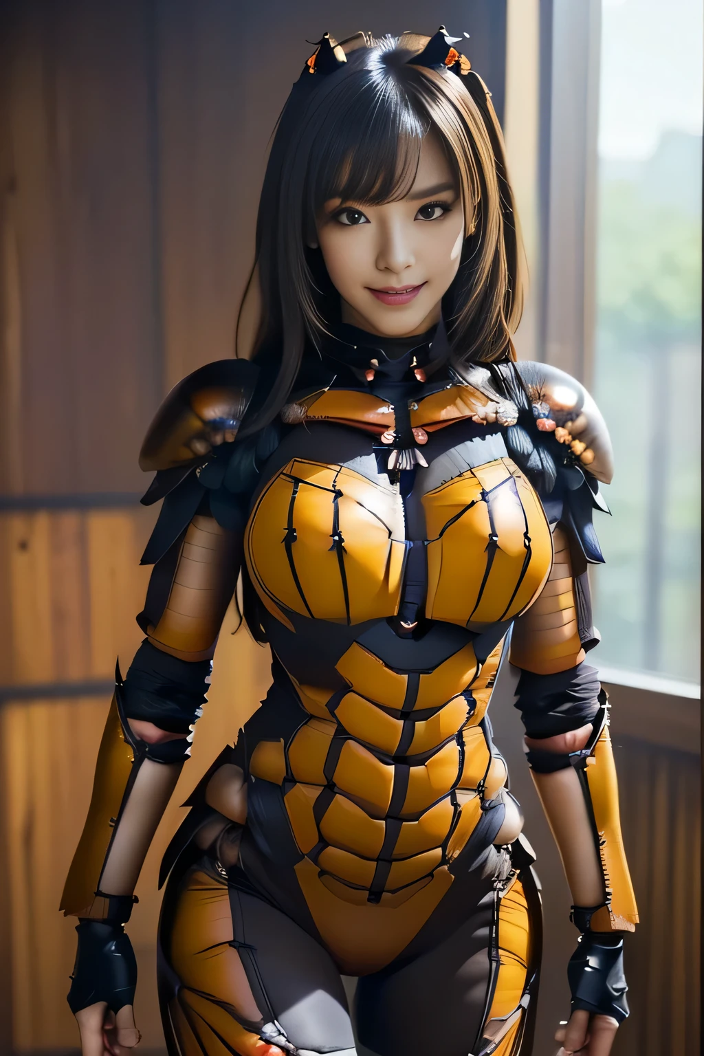 (high resolution,masterpiece,best quality,extremely detailed CG, anime, official art:1.4), realistic, photo, amazing fine details, all intricate, gloss and shiny,awesome many layers, 8k wall paper, 3d, sketch, kawaii, illustration,( solo:1.4), perfect female proportion,villainess, (fusion of dark brown cockroach and lady:1.4), (brown cockroach form lady:1.2), (brown cockroach lady:1.2), (fusion:1.2), (solo:1.4), (evil smile:1.2), muscular, abs, (cockroach brown exoskeleton bio insect suit:1.4), (cockroach brown exoskeleton bio insect armor:1.2), (brown transparency cockroach wing:1.4), (brown cockroach antennae:1.3),