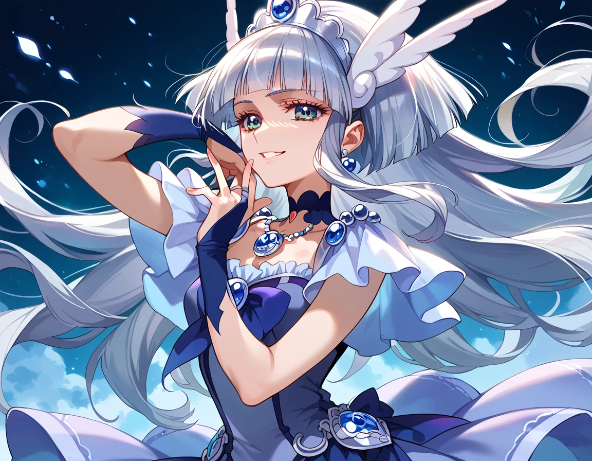  detailed background,  pubic skin,  pose, rating safe,  Half-open eyes, enchanting evil smile  , cure beauty ,,(  very beautiful anime style:1.2),(  Silver Hair), Evil Aura 