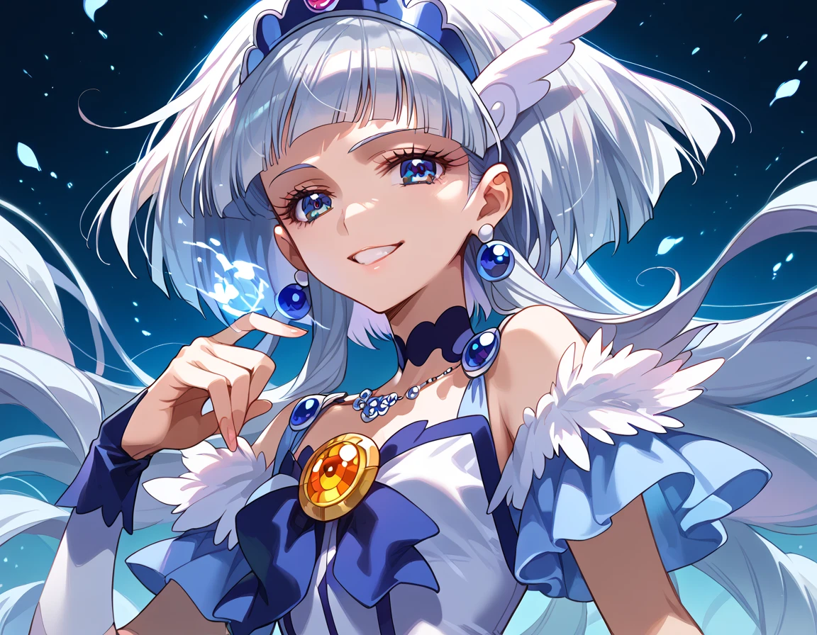  detailed background,  pubic skin,  pose, rating safe,  Half-open eyes, enchanting evil smile  , cure beauty ,,(  very beautiful anime style:1.2),(  Silver Hair), Evil Aura 