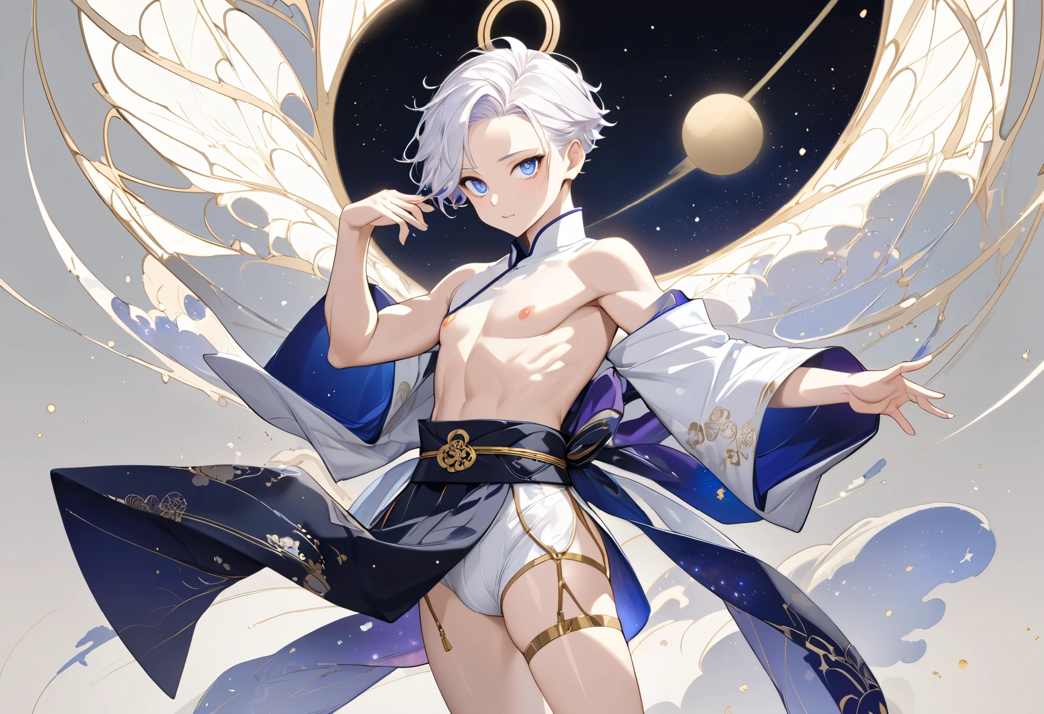 Fresh illustration,
Ultra-fine drawing,
Very delicate illustration,
Very fine details,
One boy,
Full body,
Height 158cm,
Fair skin,
Right eye is purple,
Left eye is blue,
Odd eyes,
Heterochromie iris,
Beautiful eyes,
Large black pupils,
Clean cut hairstyle,
Slicked back hairstyle,
Short hair,
Shiny hair,
White hair,
Forehead is exposed,
Cute face,
Pretty face,
Shiny halo on the back of the head,
Raised eyebrows,
Kimono upper body,
Japanese clothing upper body,
Masculine build,
Six pack,
Very small breasts,
No breasts,
Chinese dress lower body,
Black obi,
White clothes overall,
Tasteful embroidery with gold thread,
Clothes with high-quality texture,
Jock strap,
Thigh strap,
Thigh straps digging into skin,
White long boots,
Japanese-style toes,
Five fingers on hands and feet,
Thin waist,
Thin legs,
Isometric,
Golden ratio,
Divine atmosphere,
Wearing an indigo-collared inner,
Outer space,
Galaxy,
Countless small stars,
Tactical use of shadows,
Free pose,
Sexy pose,
Exposing skin,
Erotic pose,
Adult pose,
Lewd appearance,
Looking at camera,
Buttocks facing camera,
Pervert,
Clothes are see-through and pink nipples and penis are visible,
Masochistic pose