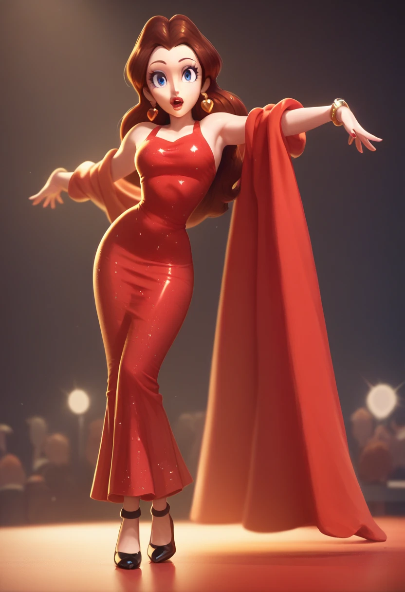 Cute Pauline wearing a sparkling red tight dress, black Mary Jane tap heels,, performing on stage with a city background, black mix with brown hair, performing a tap dance to the audience, eyes are centered