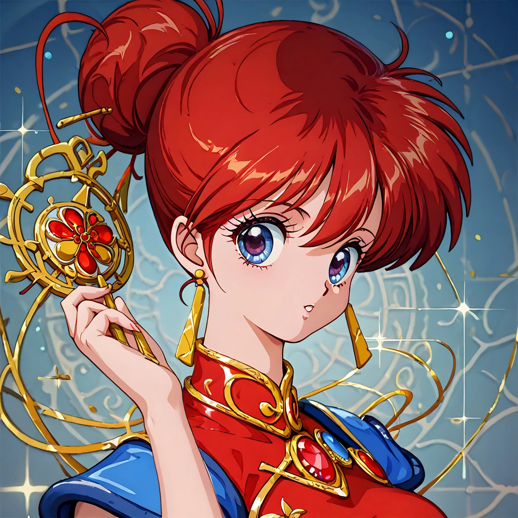 (( top quality )), ((masterpiece)), ( Details), （ perfect face）、Yoko Asagiri with red hair is wearing a gorgeous and sexy Chinese red Chinese dress with gold embroidery and edging