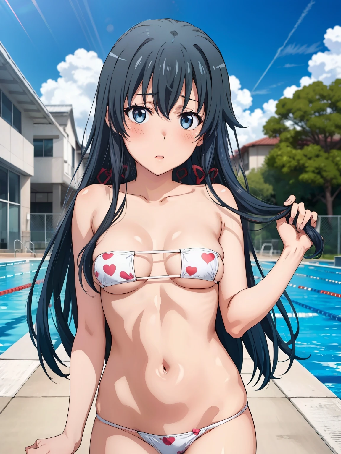 (( top quality ,  high definition ,   Perfect Pixel,  4K)),  (Beautiful anime),  is written by、
 watching viewers , 
 perfect body, 

 yukinoshita yukino ,  small tits、


white bikini, Groin、print bikini, one heart print, 

(blush:1.3)、

 Watch viewers, 

 school pool、Outdoor、