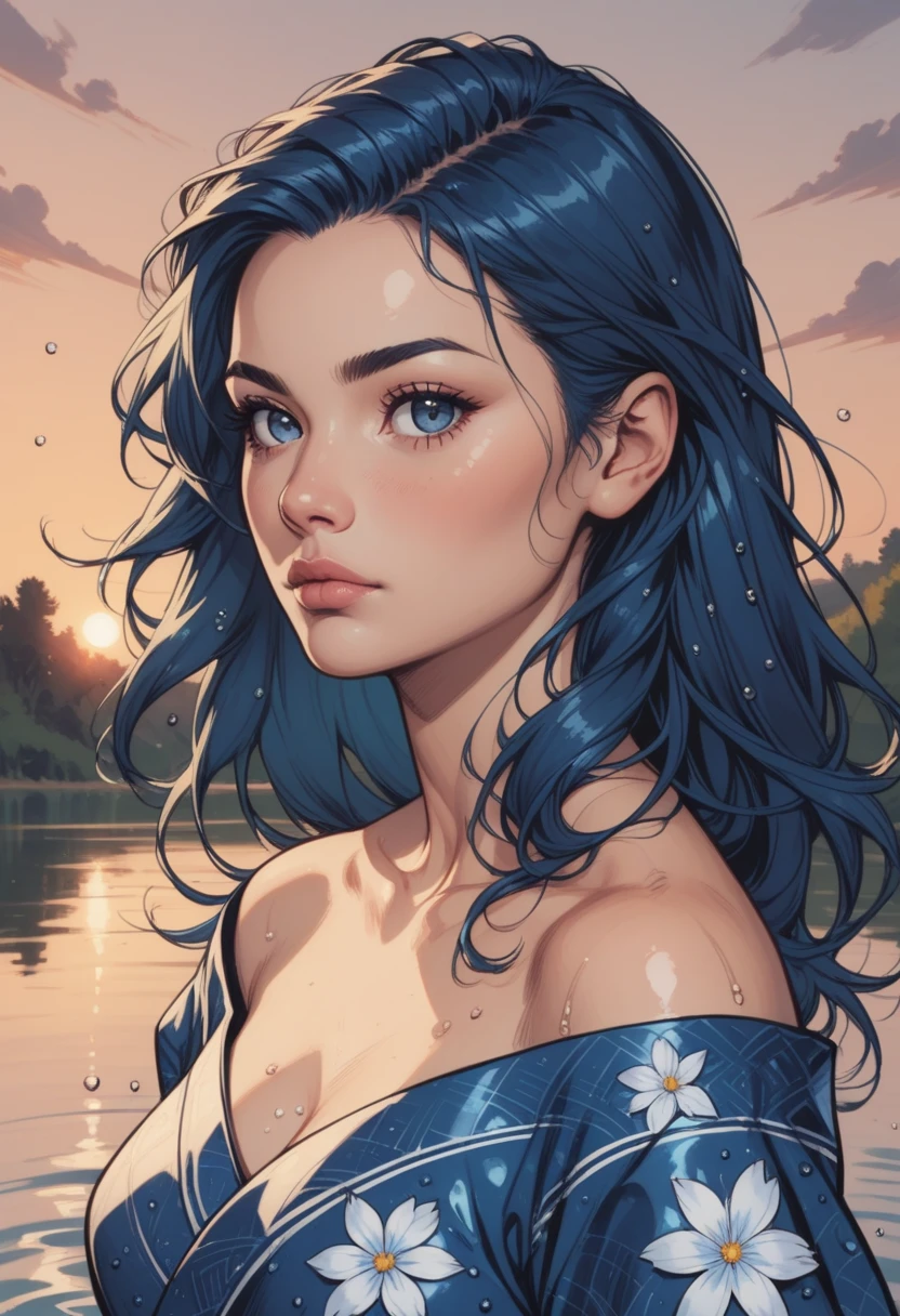 score_9, score_8_up, score_7_up, Western Comics, Portrait, girl, cute, seductive, innocent, light smile:0.3, plump lips, slender body, floating blue hair, long hair, water:0.7, waterdrop, wet, high detailed blue kimono texture, intricate pattern, ultra detailed, textured clothing, softlight passing through hair, sunset, lake background, depth of field, dynamic angle, fashion photography, sharp, hyperdetailed:1.15