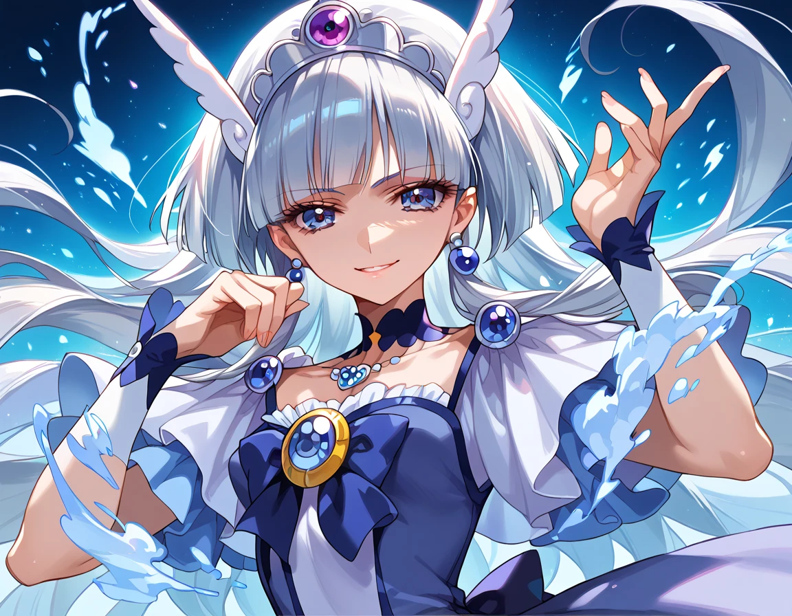  detailed background,  pubic skin,  pose, rating safe,  Half-open eyes, enchanting evil smile  , cure beauty ,,(  very beautiful anime style:1.2),(  Silver Hair),( Evil Aura :1.2)