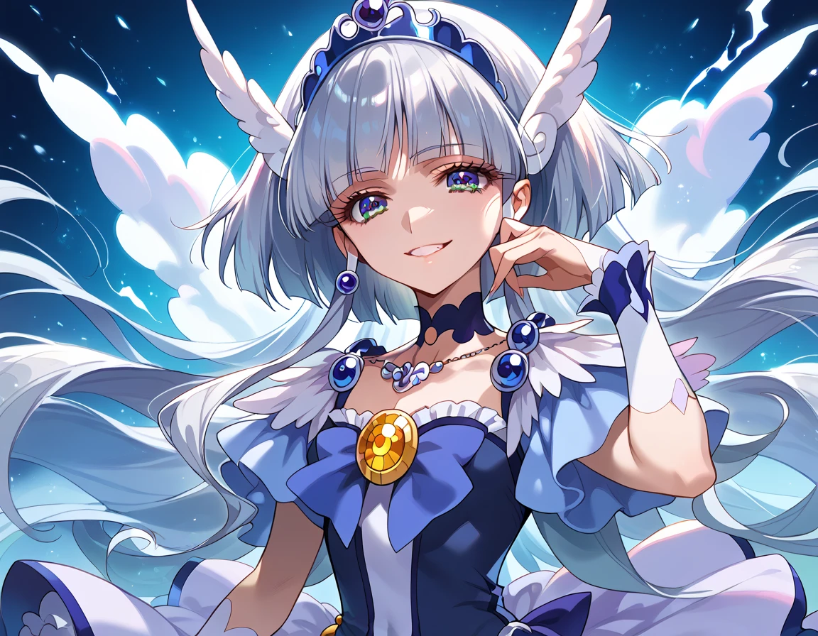  detailed background,  pubic skin,  pose, rating safe,  Half-open eyes, enchanting evil smile  , cure beauty ,,(  very beautiful anime style:1.2),(  Silver Hair),( Evil Aura :1.2)