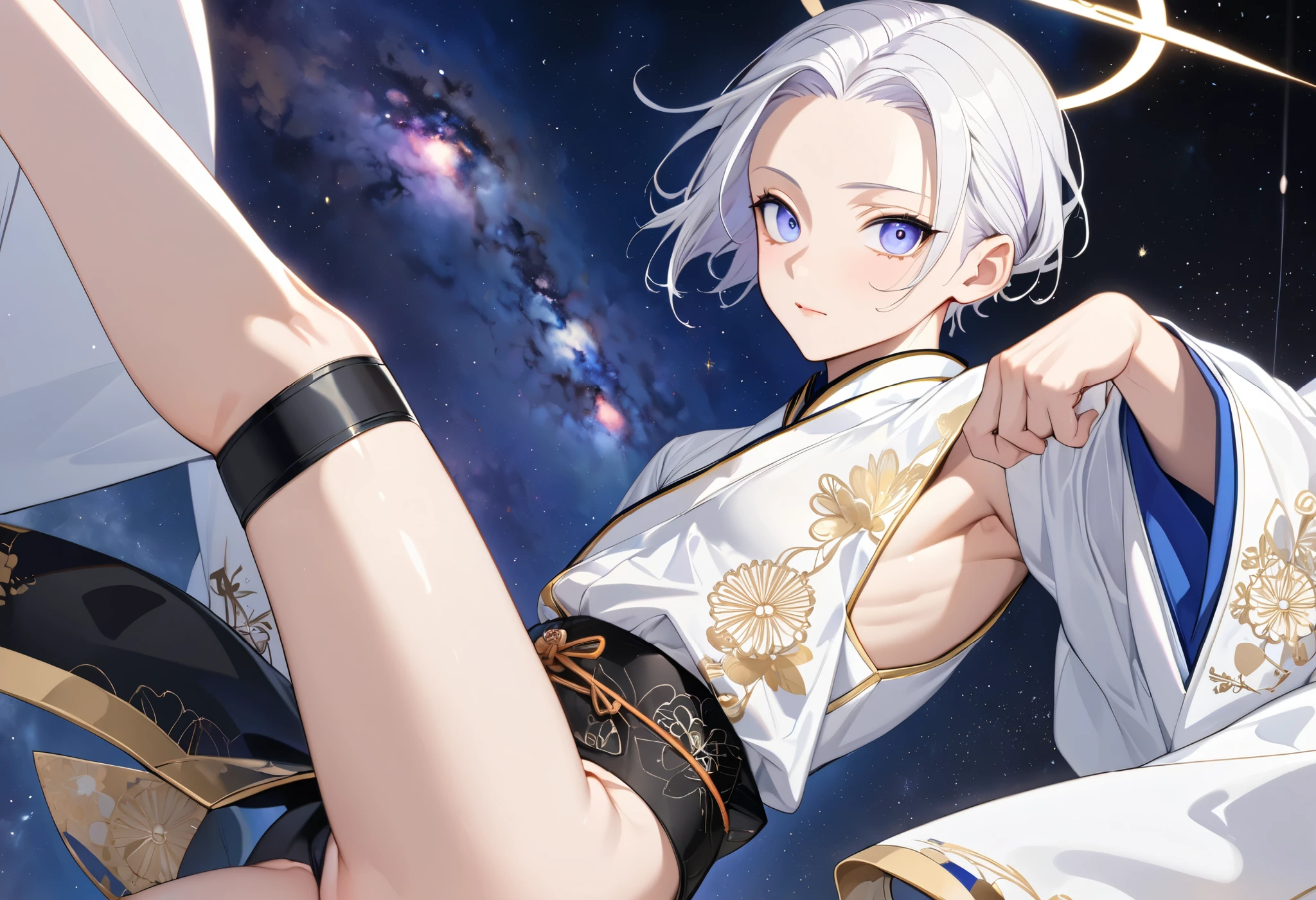 Fresh illustration,
Ultra-fine drawing,
Very delicate illustration,
Very fine details,
One boy,
Full body,
Height 158cm,
Fair skin,
Right eye is purple,
Left eye is blue,
Odd eyes,
Heterochromie iris,
Beautiful eyes,
Large black pupils,
Clean cut hairstyle,
Slicked back hairstyle,
Short hair,
Shiny hair,
White hair,
Forehead is exposed,
Cute face,
Pretty face,
Shiny halo on the back of the head,
Raised eyebrows,
Kimono upper body,
Japanese clothing upper body,
Masculine build,
Six pack,
Very small breasts,
No breasts,
Chinese dress lower body,
Black obi,
White clothes overall,
Tasteful embroidery with gold thread,
Clothes with high-quality texture,
Jock strap,
Thigh strap,
Thigh straps digging into skin,
White long boots,
Japanese-style toes,
Five fingers on hands and feet,
Thin waist,
Thin legs,
Isometric,
Golden ratio,
Divine atmosphere,
Wearing an indigo-collared inner,
Outer space,
Galaxy,
Countless small stars,
Tactical use of shadows,
Free pose,
Sexy pose,
Exposing skin,
Erotic pose,
Adult pose,
Lewd appearance,
Looking at camera,
Buttocks facing camera,
Pervert,
Clothes are see-through and pink nipples and penis are visible,
Masochistic pose