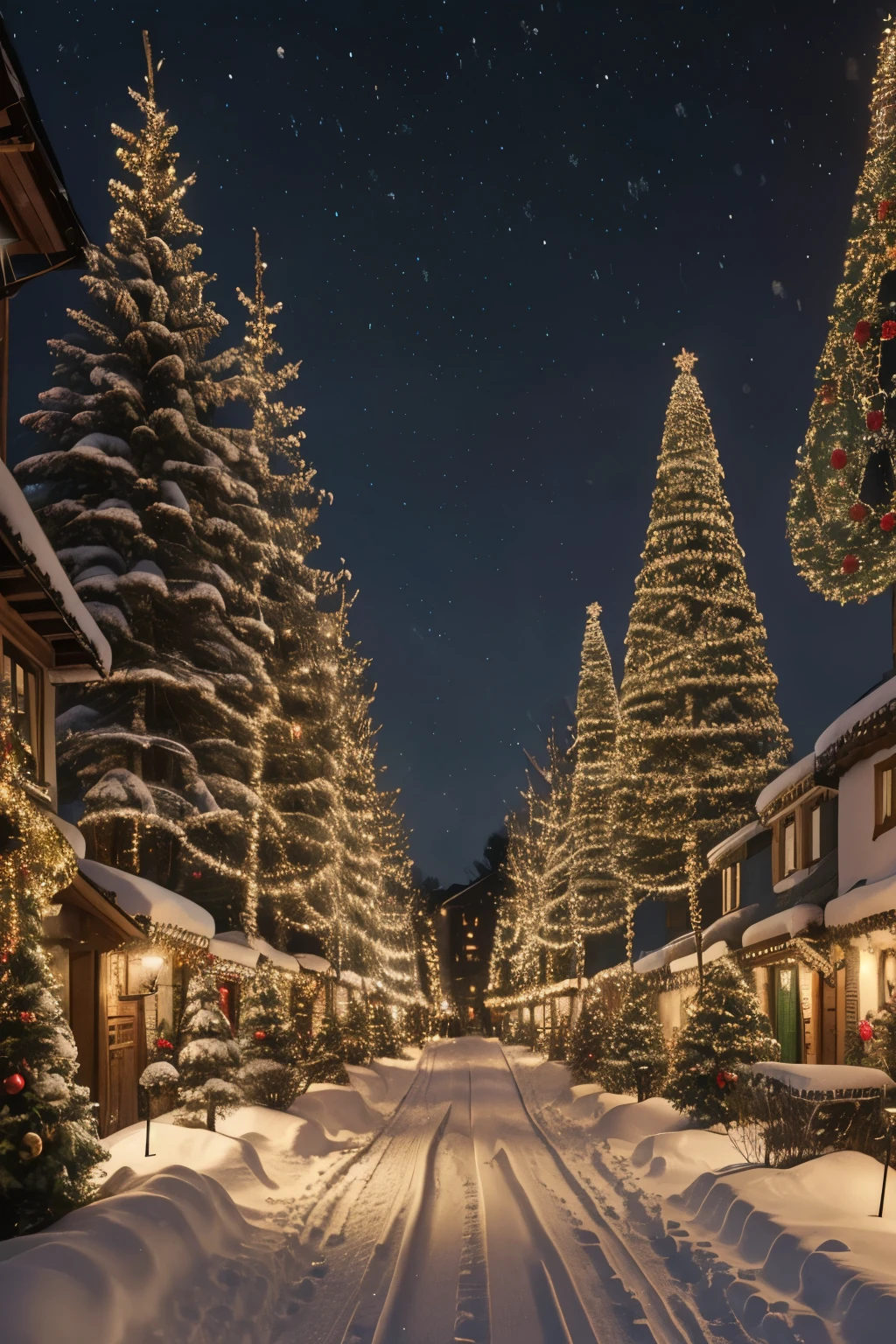 a european village street decorated for christmas, beautiful cityscape with christmas decorations, charming village with christmas lights, snow covered rooftops, cozy atmosphere, warm lighting, festive holiday scene, christmas trees, wreaths, fairy lights, detailed architecture, cobblestone streets, snow covered trees, winter wonderland, cinematic lighting, photorealistic, 8k, highly detailed, masterpiece