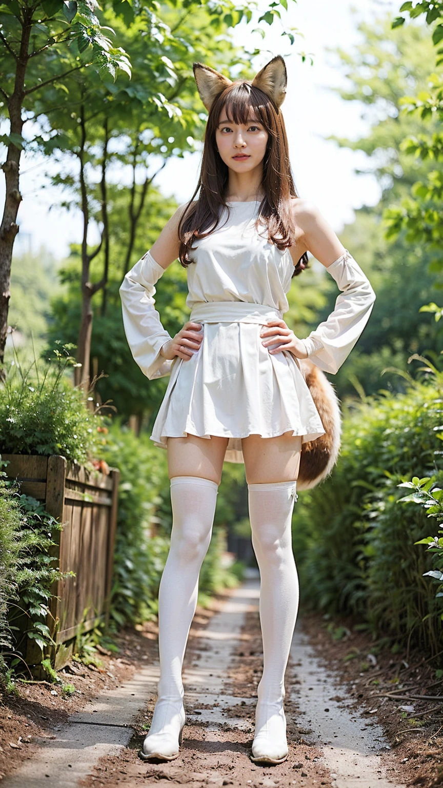 (8k、RAW Photos、highest quality、masterpiece:1.2)(Realistic、Realistic)、1 girl、((Off the shoulder、See-through、Bustier、Large Breastini skirt、boots、smile、Model pose、Are standing、garden、Turned to the side))
