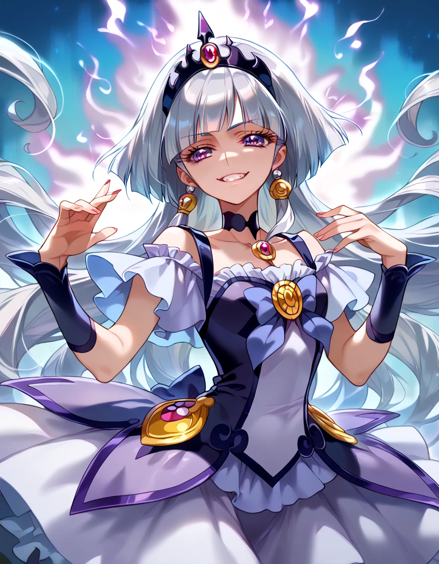  detailed background,  pubic skin,  pose, rating safe,  Half-open eyes, enchanting evil smile  , cure beauty ,,(  very beautiful anime style:1.2),(  Silver Hair),( Evil Aura :1.6)