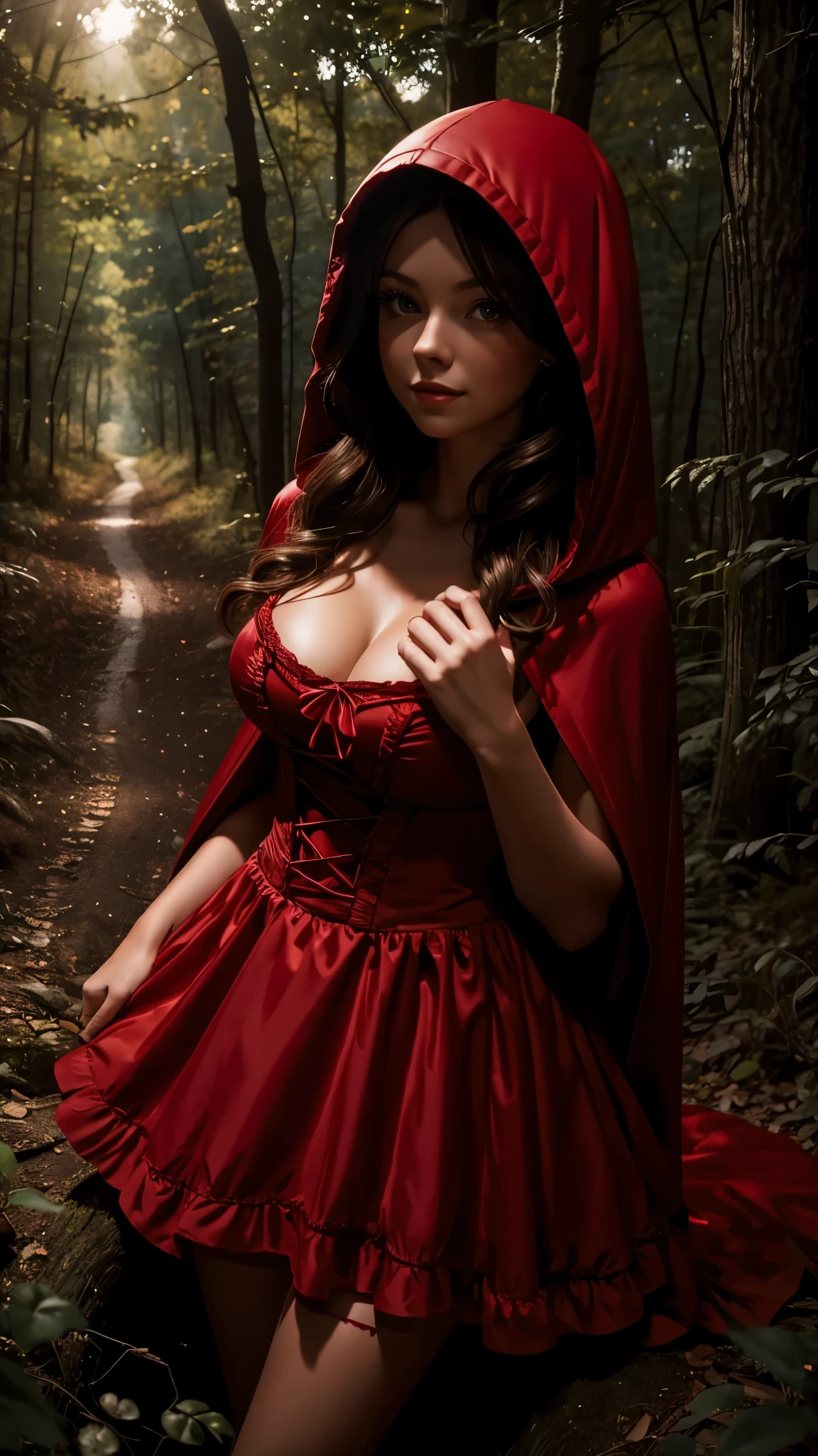 Little Red Riding Hood with brown eyes and long hair wearing sensual clothing in the forest, a daring photo shoot