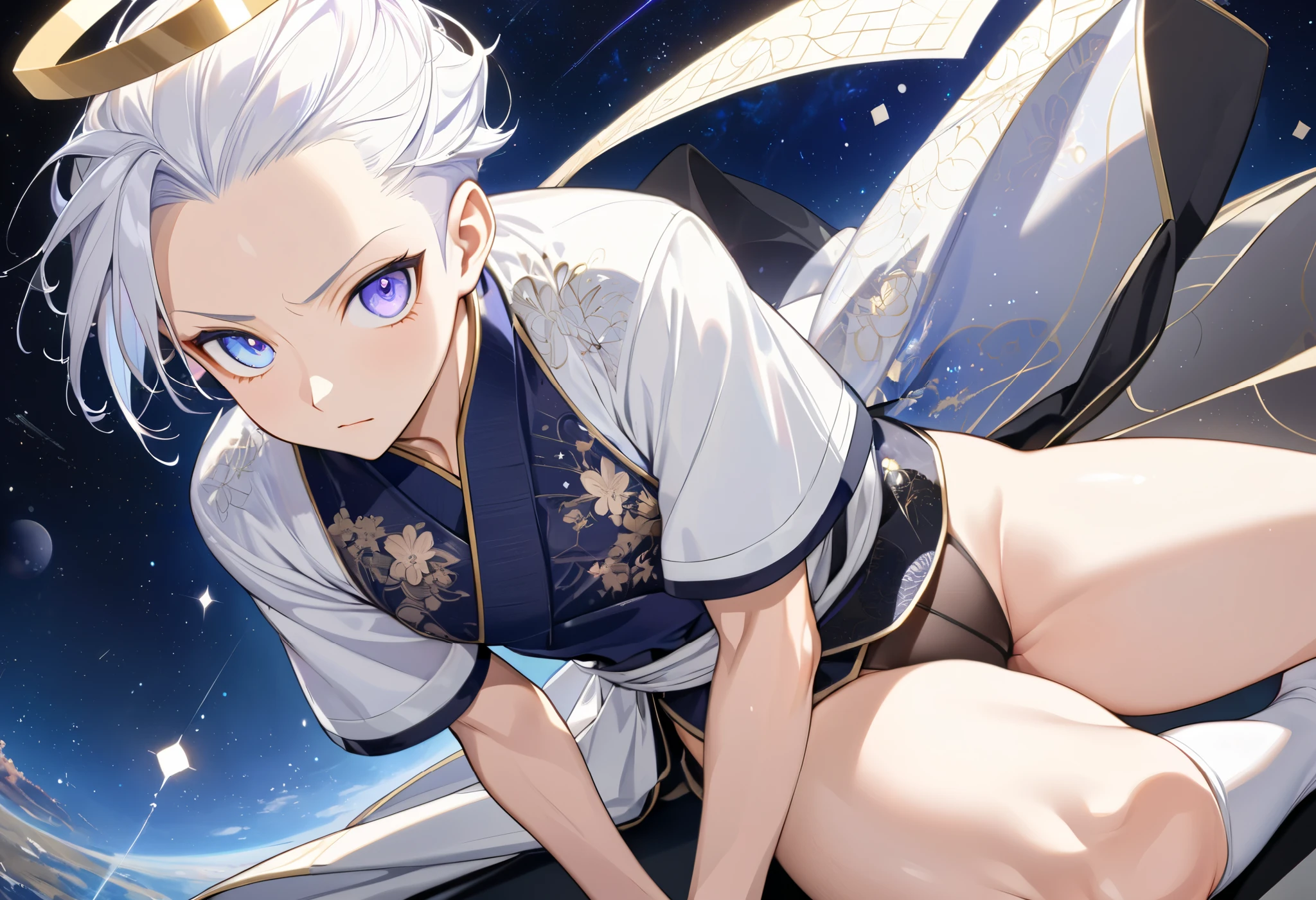 Fresh illustration,
Ultra-fine drawing,
Very delicate illustration,
Very fine details,
One boy,
Full body,
Height 158cm,
Fair skin,
Right eye is purple,
Left eye is blue,
Odd eyes,
Heterochromie iris,
Beautiful eyes,
Large black pupils,
Clean cut hairstyle,
Slicked back hairstyle,
Short hair,
Shiny hair,
White hair,
Forehead is exposed,
Cute face,
Pretty face,
Shiny halo on the back of the head,
Raised eyebrows,
Kimono upper body,
Japanese clothing upper body,
Masculine build,
Six pack,
Very small breasts,
No breasts,
Chinese dress lower body,
Black obi,
White clothes overall,
Tasteful embroidery with gold thread,
Clothes with high-quality texture,
Jock strap,
Thigh strap,
Thigh straps digging into skin,
White long boots,
Japanese-style toes,
Five fingers on hands and feet,
Thin waist,
Thin legs,
Isometric,
Golden ratio,
Divine atmosphere,
Wearing an indigo-collared inner,
Outer space,
Galaxy,
Countless small stars,
Tactical use of shadows,
Free pose,
Sexy pose,
Exposing skin,
Erotic pose,
Adult pose,
Lewd appearance,
Looking at camera,
Buttocks facing camera,
Pervert,
Clothes are see-through and pink nipples and penis are visible,
Masochistic pose