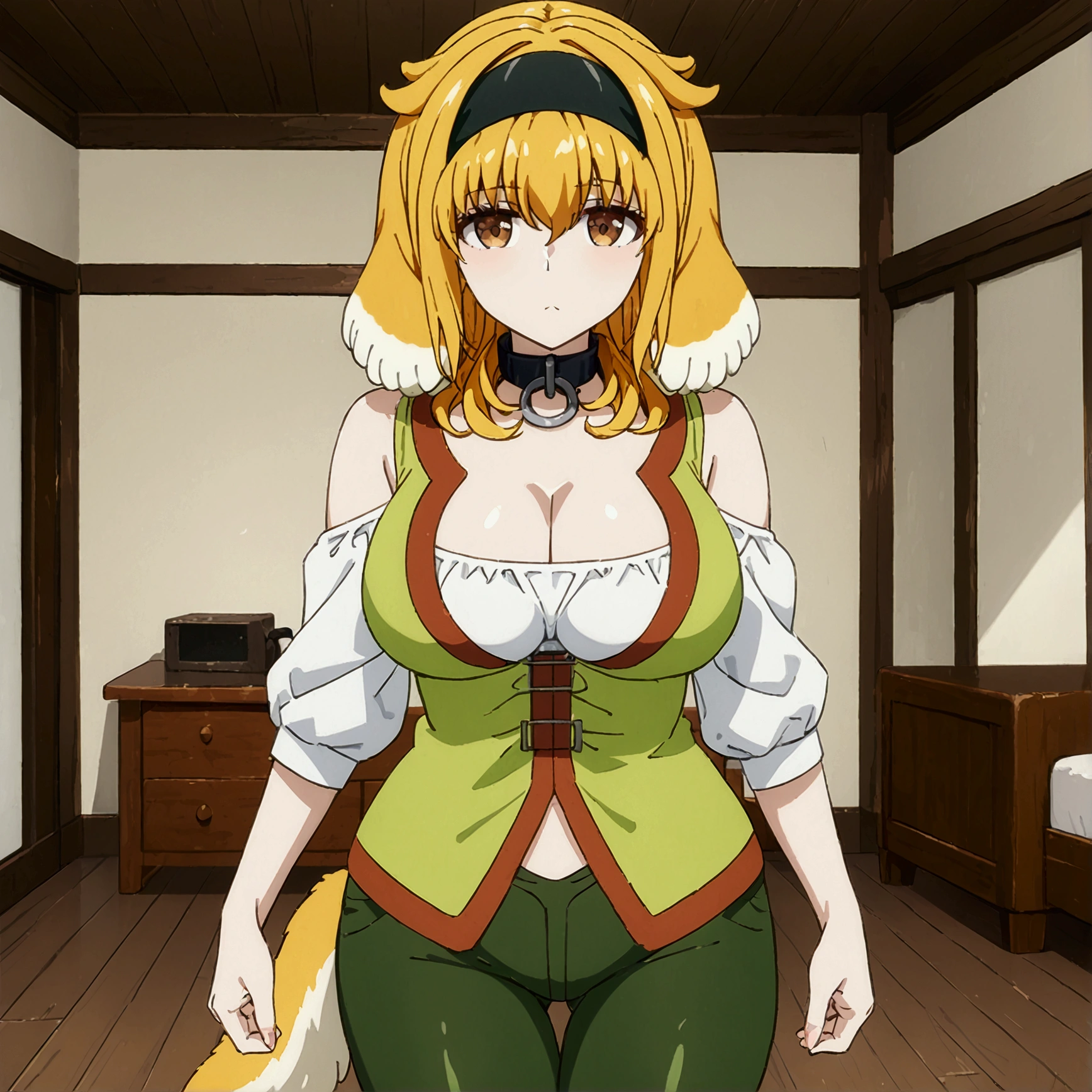 roxanne, multicolored hair, dog ears, dog tail, black hairband, collar, off-shoulder shirt, cleavage, green vest, green pants, stand, Confident pose, Room, Displeased face, Beautiful view, good atmosphere, Thigh