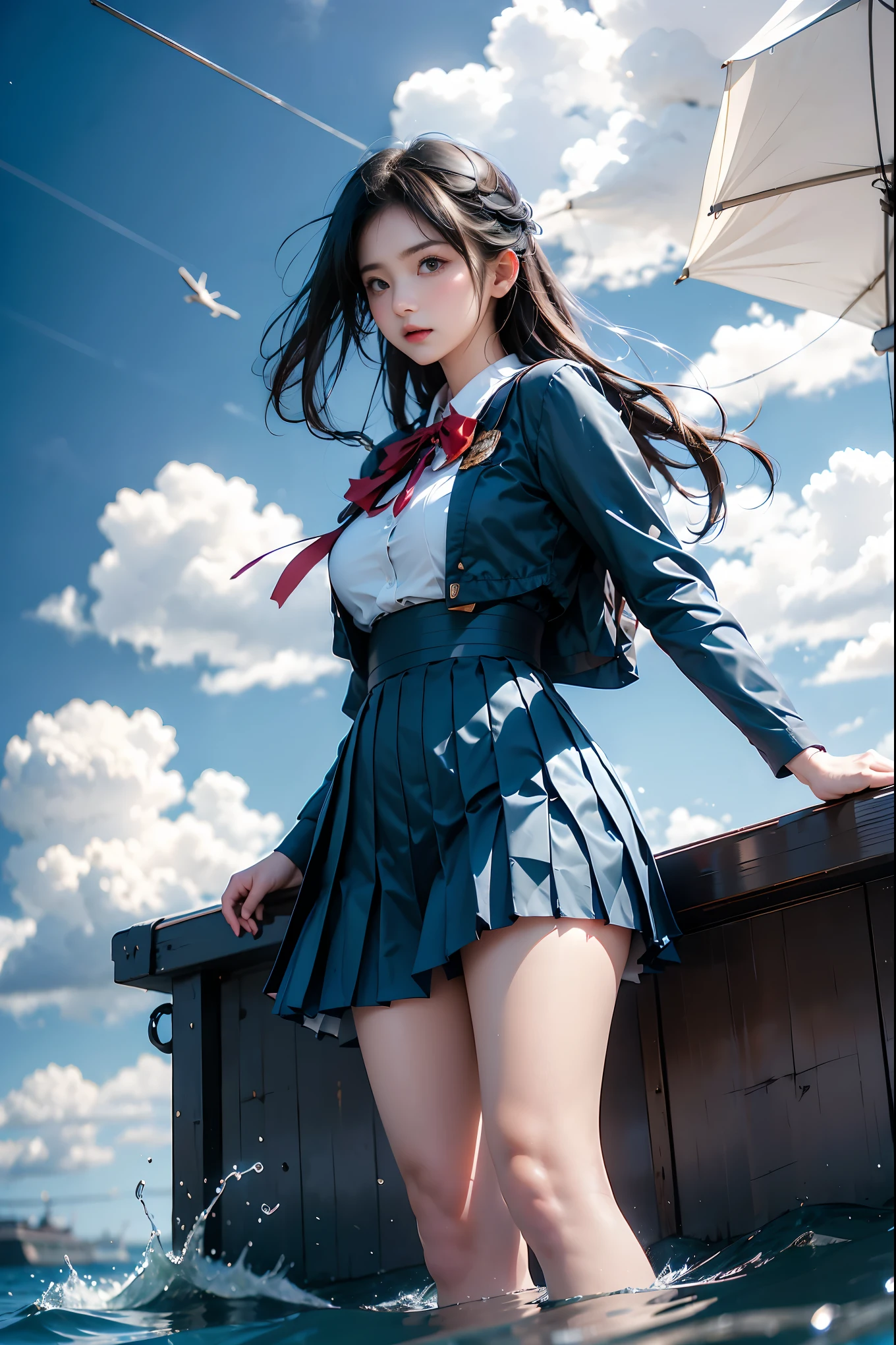koichoko school uniform, green jacket ((whole body:1.4)), ((From below:1.2)), (realistic:1.4), 1 young woman, ( plump boobs, You can see , Very short skirt , showing smooth thighs , correct beautiful legs ), beautiful asian woman , Sitting, Look at the camera or slightly towards the lens , Maintain a natural expression , Highlight your long, slender legs , Shoot from a low angle , Clear blue sky,Floating white clouds , The background is the high seas , Marine environment , Reflect the sparkling surface of the water , cinematographic, Professional Photography, clearly focused, Primetime lighting , soft shadows , by Strongbana , Surrealism , 85mm lens, f2.8, Perfect composition, super detailed