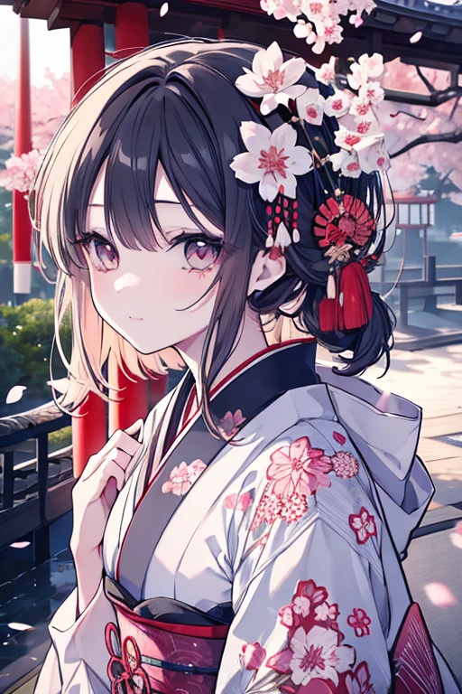 a beautiful young girl in an ancient Japanese garden, intricate detailed kimono, sakura petals falling, japanese temple in the background, detailed face and eyes, cinematic lighting, muted colors, highly detailed, photorealistic