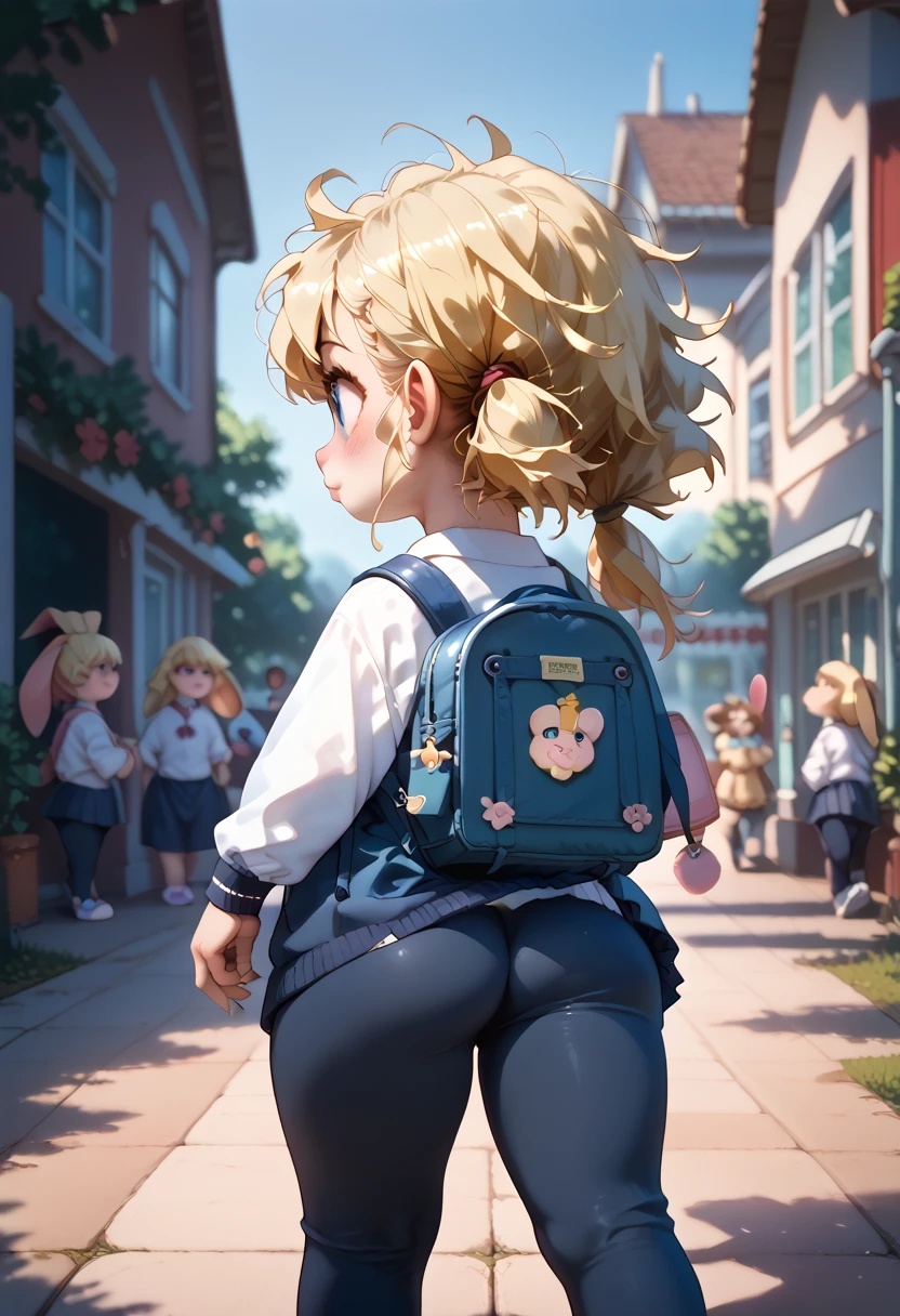 little loli, blonde messy fluffy hair, tight twintails, very , wide hips, huge thicc ass, back view, back view, blushing, school clothing, school backpack, best quality, amazing quality, very aesthetic, absurdres , bunnycute,
