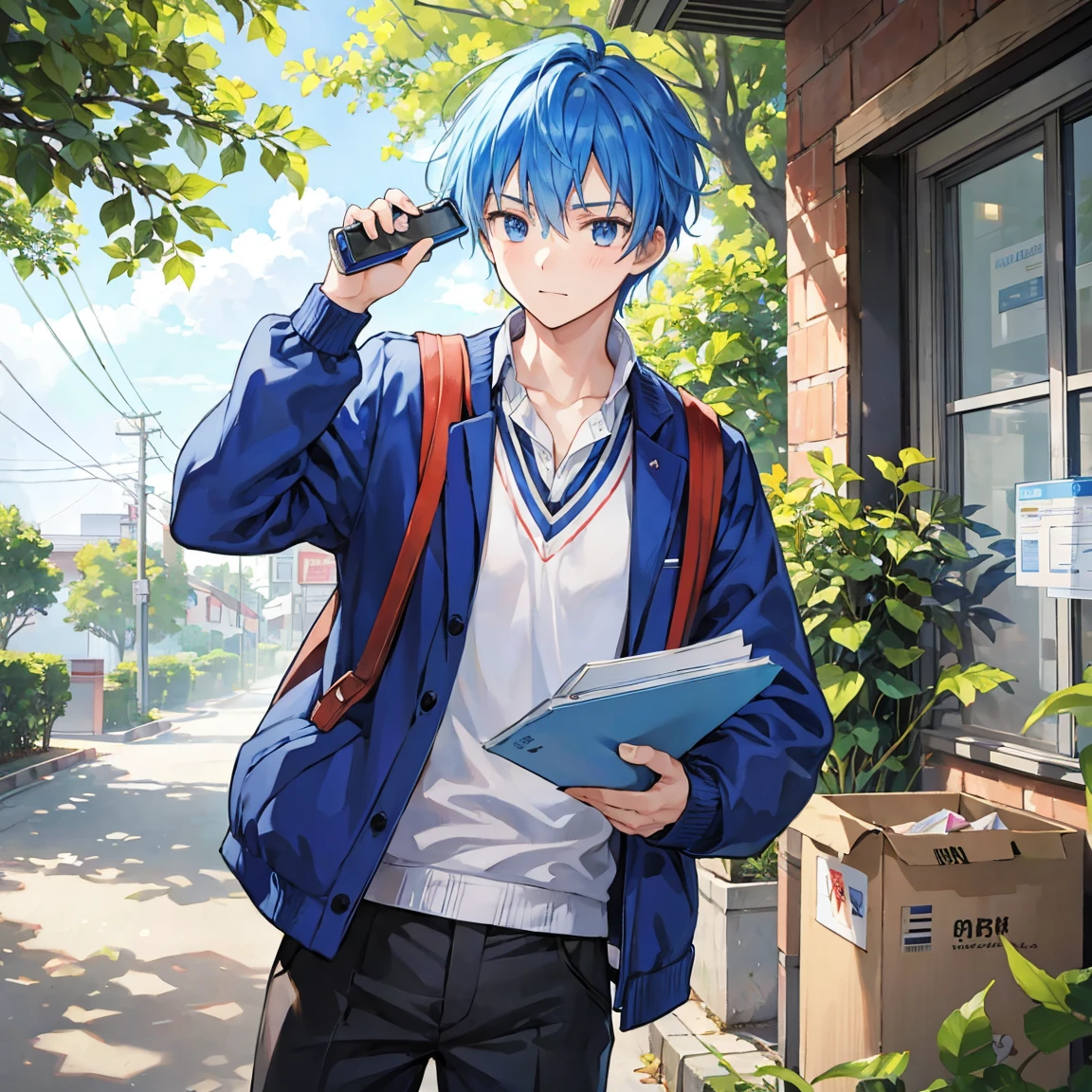 A blue-haired male student majoring in meteorology is collecting temperature recording paper in a leaf box
