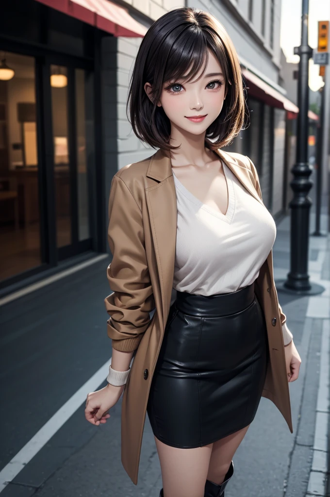 (masterpiece:1.2), high quality, high resolution, ultra detailed, 4K, 8K, beautiful, ultra-realism, dynamic lighting, A woman standing in a fashion model stance, angle from a diagonal, full body, looking at viewer, (detailed beautiful face), (detailed beautiful eyes:1.2), black eyes, narrow eyes, straight bob hair, black hair, detailed hair, asymmetrical bangs, smile, blush, beautiful breasts, shiny skin, camel coat, v-neck sweater, high-waist skirt, ankle boots, 