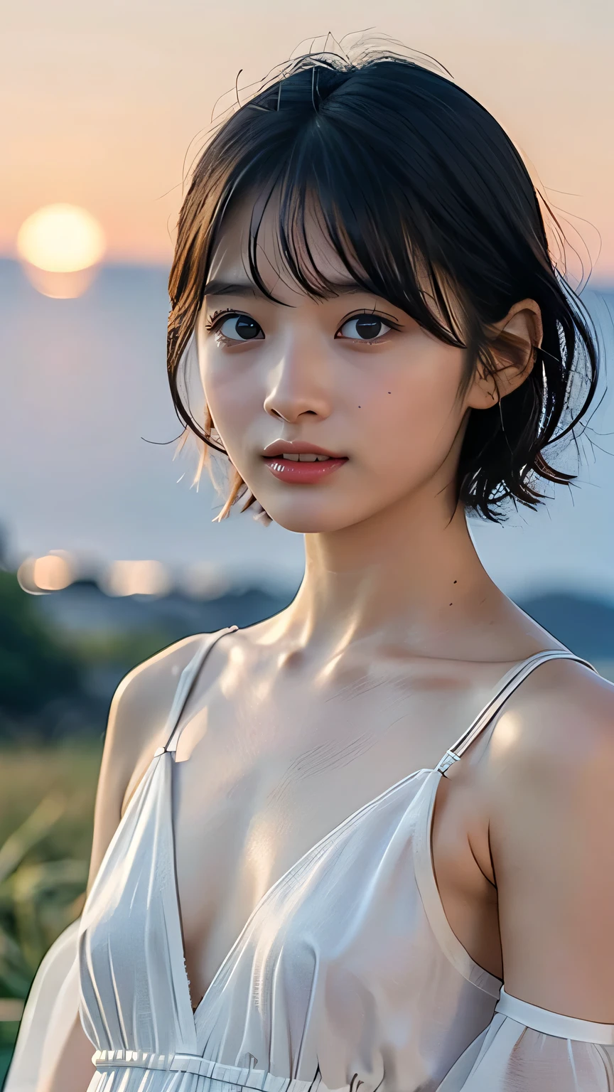 (Hyper Reality: 1.35), (Realistic: 1.4), A beautiful Japanese woman, smile, alone. (((No makeup))), masterpiece, 最high quality, high quality, alone, Very good, Puberty, Only one girl, Well-trained slim body, muscular, slim body, breasts apart, large breasts, (最high quality)),((Very delicate and beautiful)),((Very shallow depth of field)), ((Incredibly shallow depth of field)). Familiar, ((Very delicate and beautiful)), (((Very shallow depth of field))), (((Unbelievably absurd))), dark brown short hair, blowing boyish short bob hair, shag messy hair, wolf cut, big hair, Windで揺れる髪, Slim body type, ((( Camera Eye)))), (((small ))), Looks like a salon model, Cool face, Neutral facial features,(ecstasy:1.3) ,(slut:1.2),(vulgarity:1.3),(fucked silly:1.1),(steam:1.1),(Wet:0.8),(trembling:0.8),(tears:0.7) ,(drooling:0.6),(sweat:0.8),open mouth, poor, Focus on women, {Particles of light}, Detailed Background, Soft lighting, (dramatic), sunset, very beautiful sunset, Realistic, (blurred background), (((11 years old))), (((Wind))), ((Movement)), ((emotion)), ((colorful)), ((Baby Face:1.2)), Wither, sea background, (((Cowboy Shot))),(((nsfw:1.2))),Sports Bra,Sitting with one knee raised