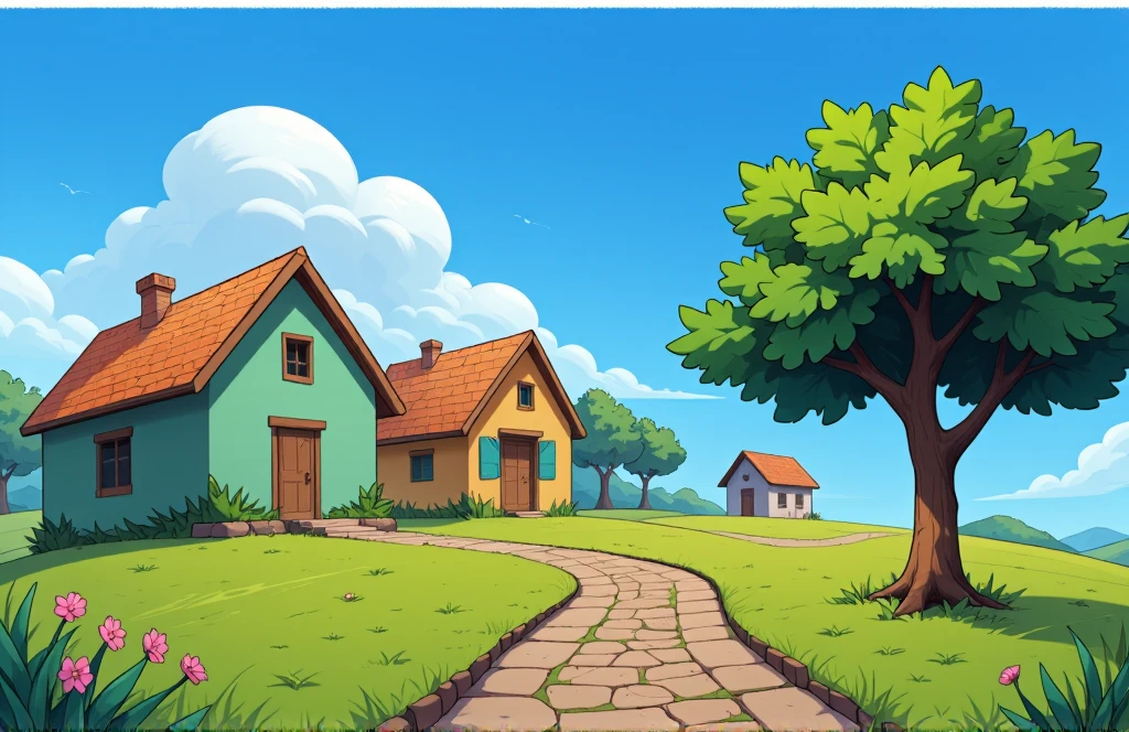 Create a vibrant landscape featuring a winding, stone path through a small village. Add three unique, modest houses: one light green with a wooden door, another rustic yellow with blue windows, and the last a simple brown structure. With a bright blue sky in the background, add a lush green tree to the side that evokes a sense of peace and community.


