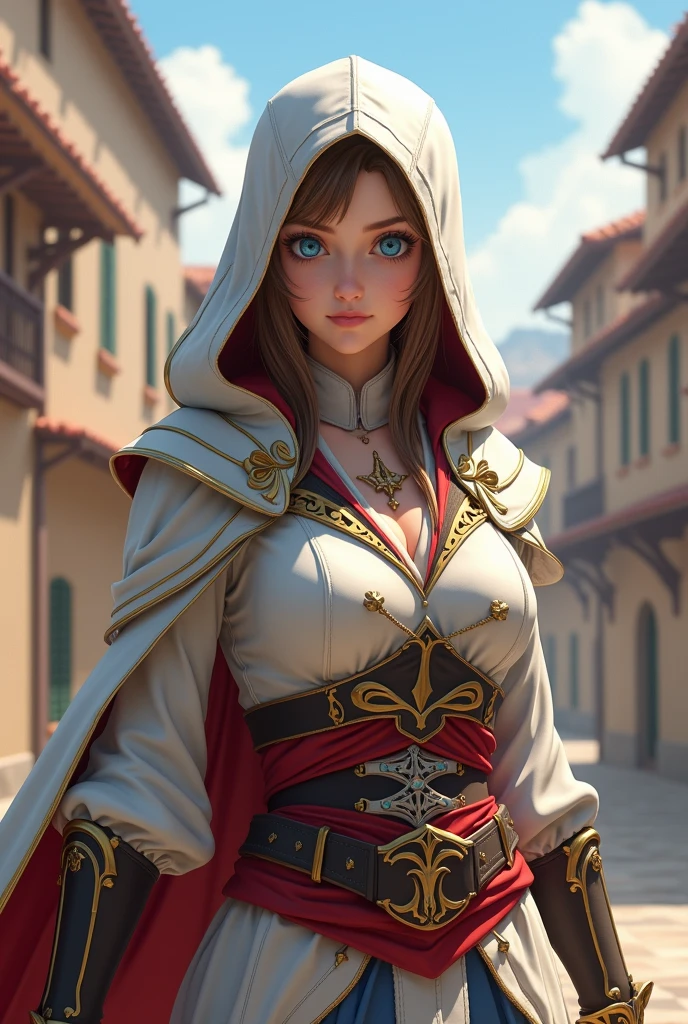 A full-length photo of Princess Zelda, chestnut hair, blue colored eyes, dressed as an Assassin from Assassins Creed, blank+gold with white mask and hood with gold details, XL Bust, using a wrist blade. fund: A city during the Renaissance period. unreal motor 5, アニメ, anime styling, work of art, well drawn eyes, nicely designed face, pretty detailed eyes, well-detailed face, 8k, Light and Shadow Effect.  