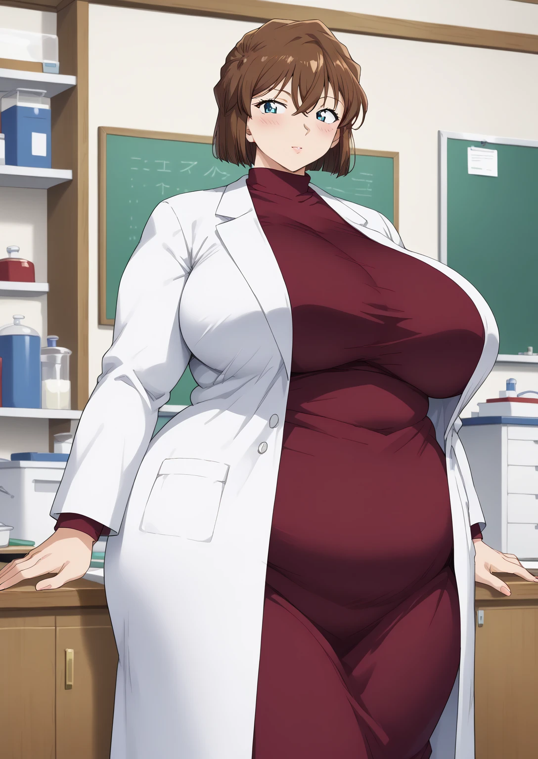 Shiho Miyano, Miyano Shiho, short hair,Brown Hair, blue eyes,hair between eyes,lab coat, Mulberry dress, long sleeve dress, mini skirt dress, score_9,   score_8_ up,   score_7_ up,   score_6_ up,   score_5_ up,   score_4_ up,     masterpiece   ,   top quality,     very aesthetic  ,    absurd,    source_Anime, Anime screencap,    one woman , Alone,   personal   ,  Super huge breasts, (((S uper huge クレビス, Super huge , Super huge boob))), Curvy,   in her 20s,  Mature Woman,   obese , ,  troubled expression,  