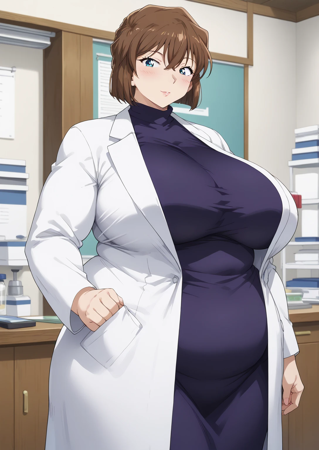 Shiho Miyano, Miyano Shiho, short hair,Brown Hair, blue eyes,hair between eyes,lab coat, Mulberry dress, long sleeve dress, mini skirt dress, score_9,   score_8_ up,   score_7_ up,   score_6_ up,   score_5_ up,   score_4_ up,     masterpiece   ,   top quality,     very aesthetic  ,    absurd,    source_Anime, Anime screencap,    one woman , Alone,   personal   ,  Super huge breasts, (((S uper huge クレビス, Super huge , Super huge boob))), Curvy,   in her 20s,  Mature Woman,   obese , ,  troubled expression,  