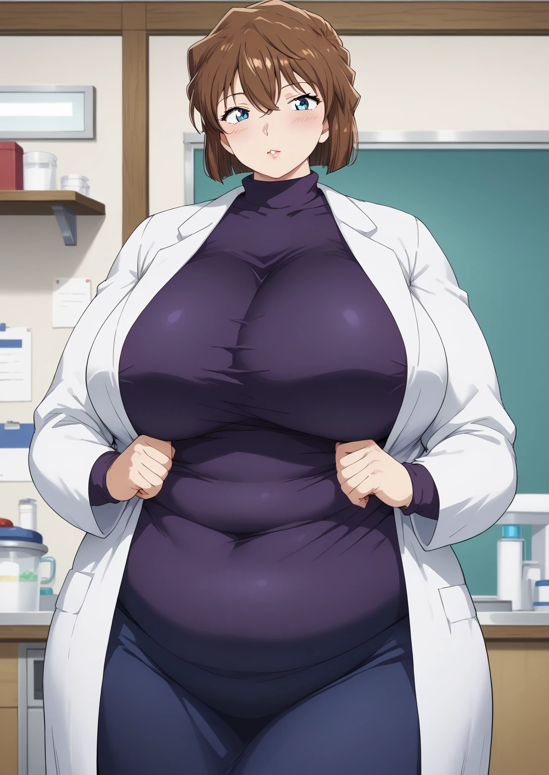 Shiho Miyano, Miyano Shiho, short hair,Brown Hair, blue eyes,hair between eyes,lab coat, Mulberry dress, long sleeve dress, mini skirt dress, score_9,   score_8_ up,   score_7_ up,   score_6_ up,   score_5_ up,   score_4_ up,     masterpiece   ,   top quality,     very aesthetic  ,    absurd,    source_Anime, Anime screencap,    one woman , Alone,   personal   ,  Super huge breasts, (((S uper huge クレビス, Super huge , Super huge boob))), Curvy,   in her 20s,  Mature Woman,   obese , ,  troubled expression,  