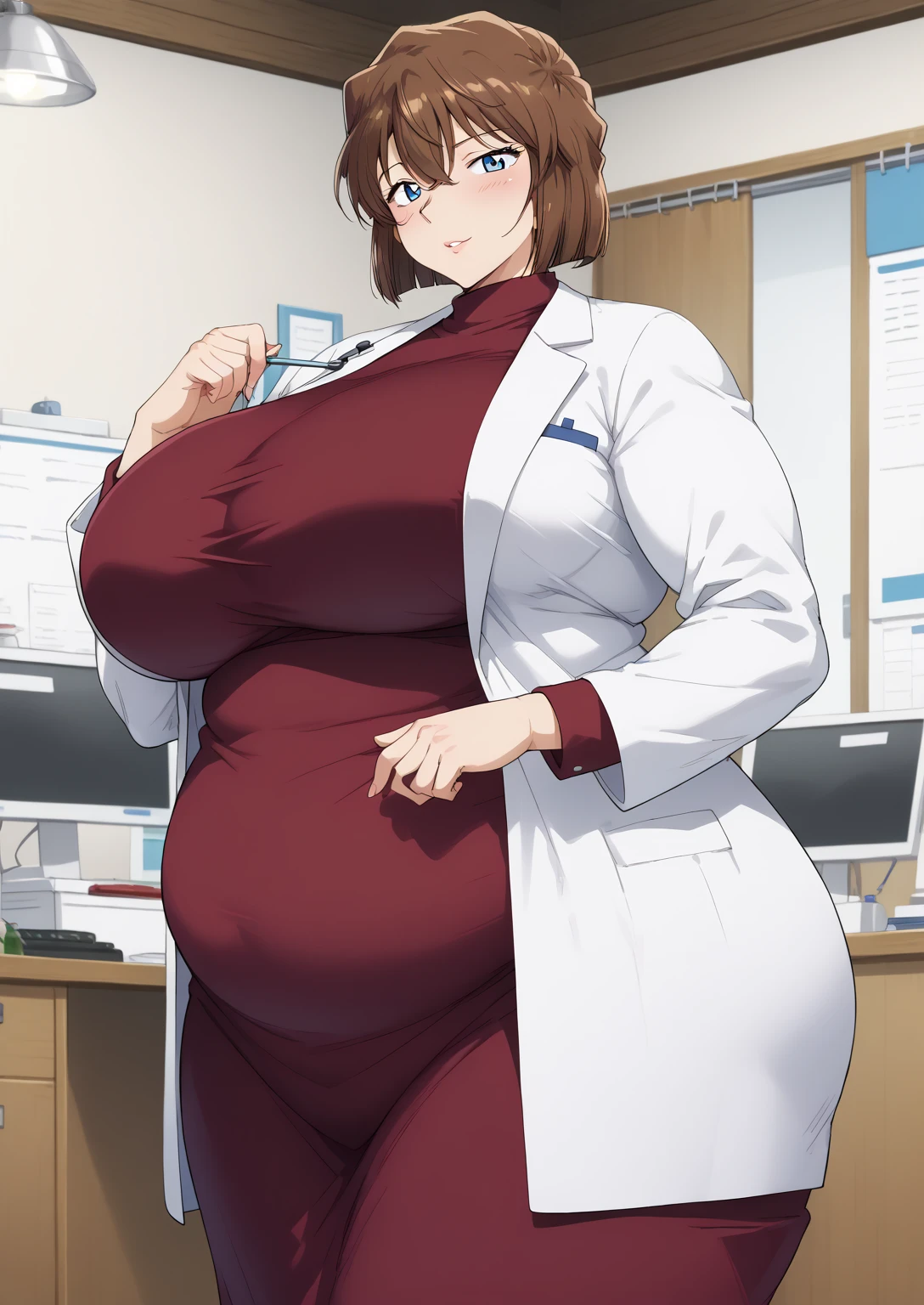 Shiho Miyano, Miyano Shiho, short hair,Brown Hair, blue eyes,hair between eyes,lab coat, Mulberry dress, long sleeve dress, mini skirt dress, score_9,   score_8_ up,   score_7_ up,   score_6_ up,   score_5_ up,   score_4_ up,     masterpiece   ,   top quality,     very aesthetic  ,    absurd,    source_Anime, Anime screencap,    one woman , Alone,   personal   ,  Super huge breasts, (((S uper huge クレビス, Super huge , Super huge boob))), Curvy,   in her 20s,  Mature Woman,   obese , ,  troubled expression,  