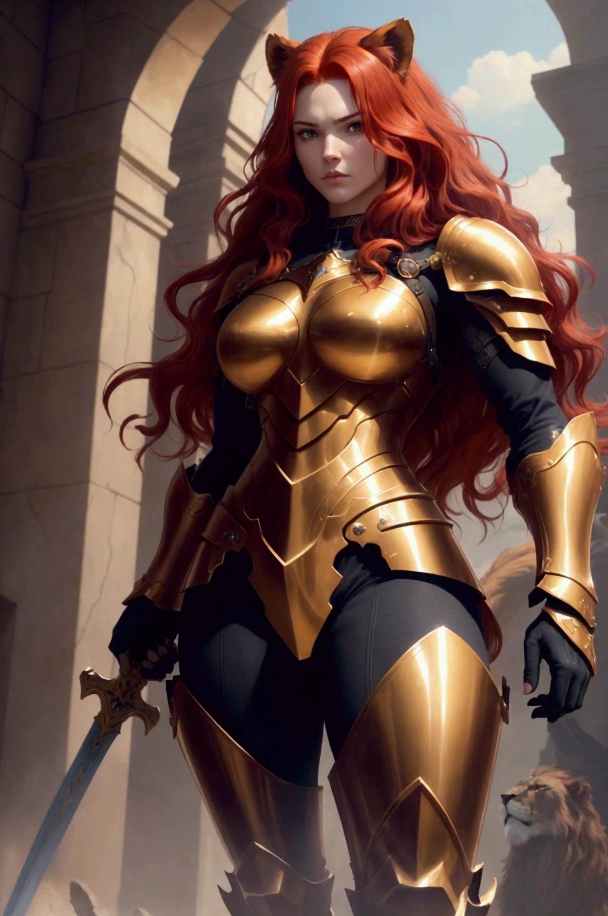 Valeria is a tall, slender woman with long red hair and intense eyes.
She wears sleek and sturdy armor, in shades of red and gold, decorated with flame symbols.
In battle, Valeria wields two twin swords with flaming blades, displaying her impressive dexterity and agility. pixel art