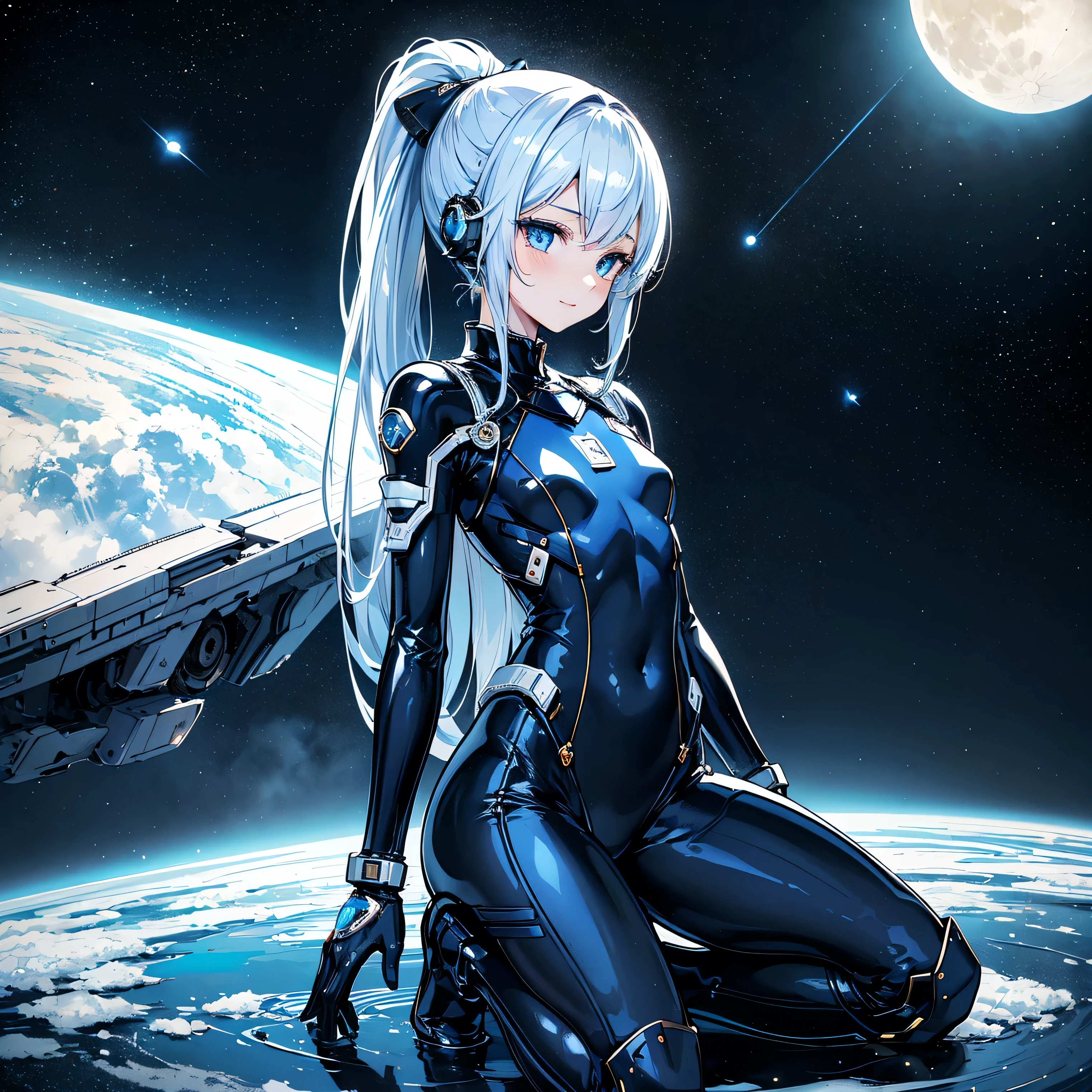 (masterpiece、 top quality 、 highest resolution、 clear_image、 Detailed Details): (Whole body、A 20 year old girl、Japanese Faces、 small face、 slender、Navy blue high knot ponytail、(Hidden small breasts:1.3)、Sparkling blue eyes 、 white, blue, and black shiny pilot suit、Chest protection armor、Tight fitting clothes、Clothing that covers the whole body、Glamorous clothes、 tight fit pants 、Hide your skin、 very delicate and beautiful、Detailed Skin、Hide your thighs、Hide your ass、 cute、A gentle smile、Soft expression、heroine、 headset、 long boots、Elbow-length gloves、 eye level shot、Peace talks between warring factions,attention arousal, Clever Blue Eyes,Face directly、 woman on a spaceship )、 background、Moon in the background、shiny pilot suit in white, blue and black colors with galaxy clouds on the background 