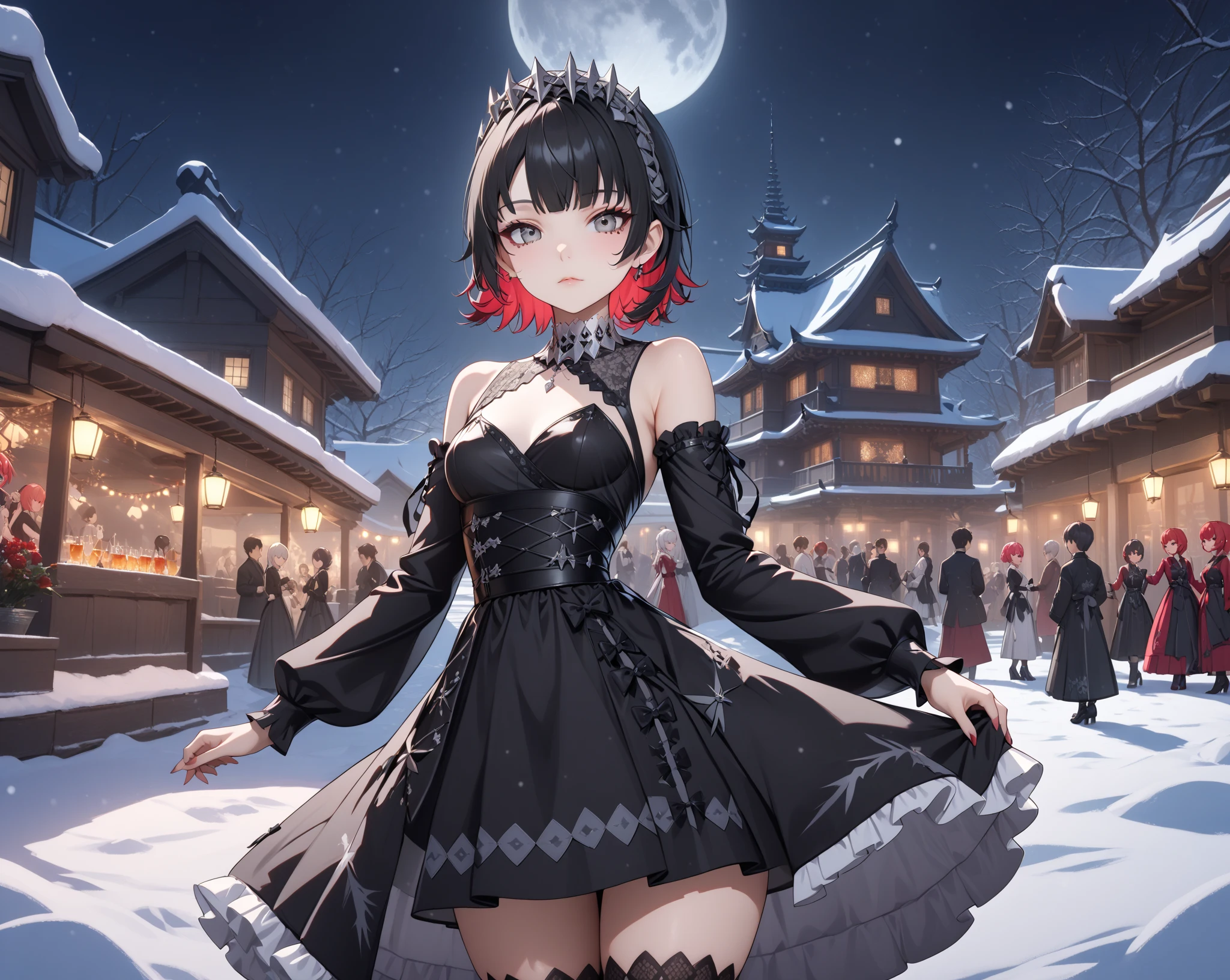 score_9, score_8_up, score_9_up, source_anime, close up photo,  beautiful face, ellenjoe, night, passionless,  closed mouth, ellen joe, black hair, moonlight, japanese party, night winter,  party, fantasy party, fantasy night dress, night party, snow, sexy body, very small breasts,  colored inner hair, multicolored hair, grey eyes, red hair,  short hair,  two-tone hair, shoulders covered, shoulders covered by the dress, not loooking at the viewer, winter long dress, dance long dress, gothic dress, winter dress, cozy dress, ghotic lolita dress, sideboobs, ghotic dress, lace black dress, winter dress, cozy dress, covered shoulders, black dance dress, dress for dancing, winter sleeves, glitter in the corset, shoulders covered by sleeves, long sleeves, long shirt, black corset with silver decorations, gala elegant dress, winter dress, elegant dress, long skirt dress, night, arms behind her back, lace collar, sexy body,  small breasts, two-tone hair,  beautiful eyes, beautiful legs, sexy legs, solo, fantasy world, night, beautiful eyes