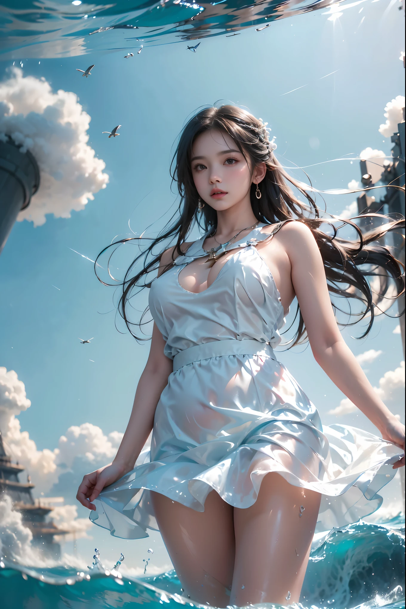 Official Art, Masterpiece, Sharp Focus, (Beautiful Gorgeous Cute Korean Woman: 1.3), (Beautiful Cute Korean: 1.3), Korean Beauty, Delicate Beautiful Hair and Eyes and Face, Realistic, Ultra Detailed, Beautiful Girl, Blue Sky, Glowing White Particles, (Sidelighting: 1.2), Sunlight, White Clouds, Delicate Clouds, Slender, Cute Big Breasts Big Buttocks, Toothy Laughing, ((Laughing with Eyes Open)), Landscape, Long Straight Hair, Sexy Facial Expressions, Architecture, ( cityscape:1.7), dynamic hair, long straight hair, fine platinum-black hair, glowing blue eyes, (white soaked transparent silk scarf, no bra, no panties), pale skin, epic landscape,