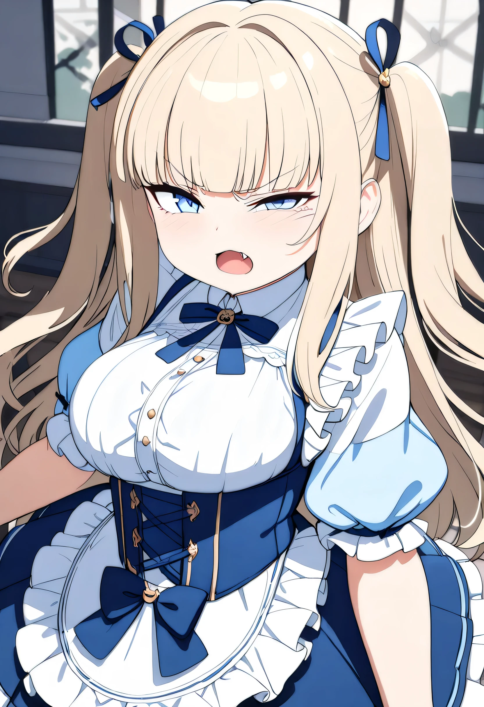 (ultra-detailed),( cute girl,li:1.4),( white blouse:1.1),(Chest ribbon,navy blue corset skirt:1.1),( Light Blue Eyes , female ,squinting:1.5),Cat mouth,Fang,( blondes, Two Side Up ,blunt bangs:1.1), very big breasts,Big thighs, cowboy shot,(8k, best quality, masterpiece, clear, ultra high res, super detail, accurate, high details, highres icon,,Detailed face)