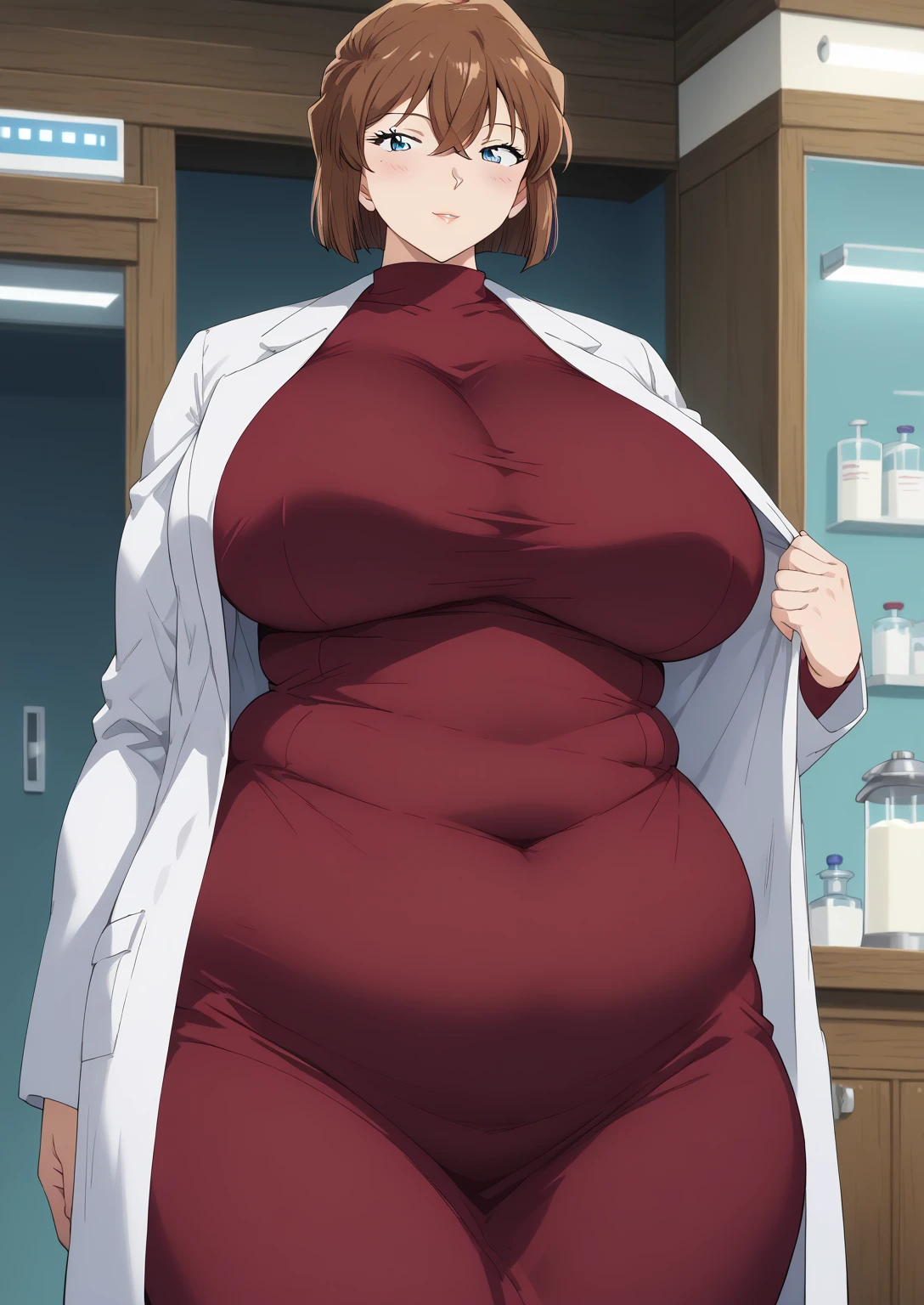 Shiho Miyano, Miyano Shiho, short hair,Brown Hair, blue eyes,hair between eyes,lab coat, Mulberry dress, long sleeve dress, mini skirt dress, score_9,   score_8_ up,   score_7_ up,   score_6_ up,   score_5_ up,   score_4_ up,     masterpiece   ,   top quality,     very aesthetic  ,    absurd,    source_Anime, Anime screencap,    one woman , Alone,   personal   ,  Super huge breasts, (((S uper huge クレビス, Super huge , Super huge boob))), Curvy,   in her 20s,  Mature Woman,   obese , ,  troubled expression,  