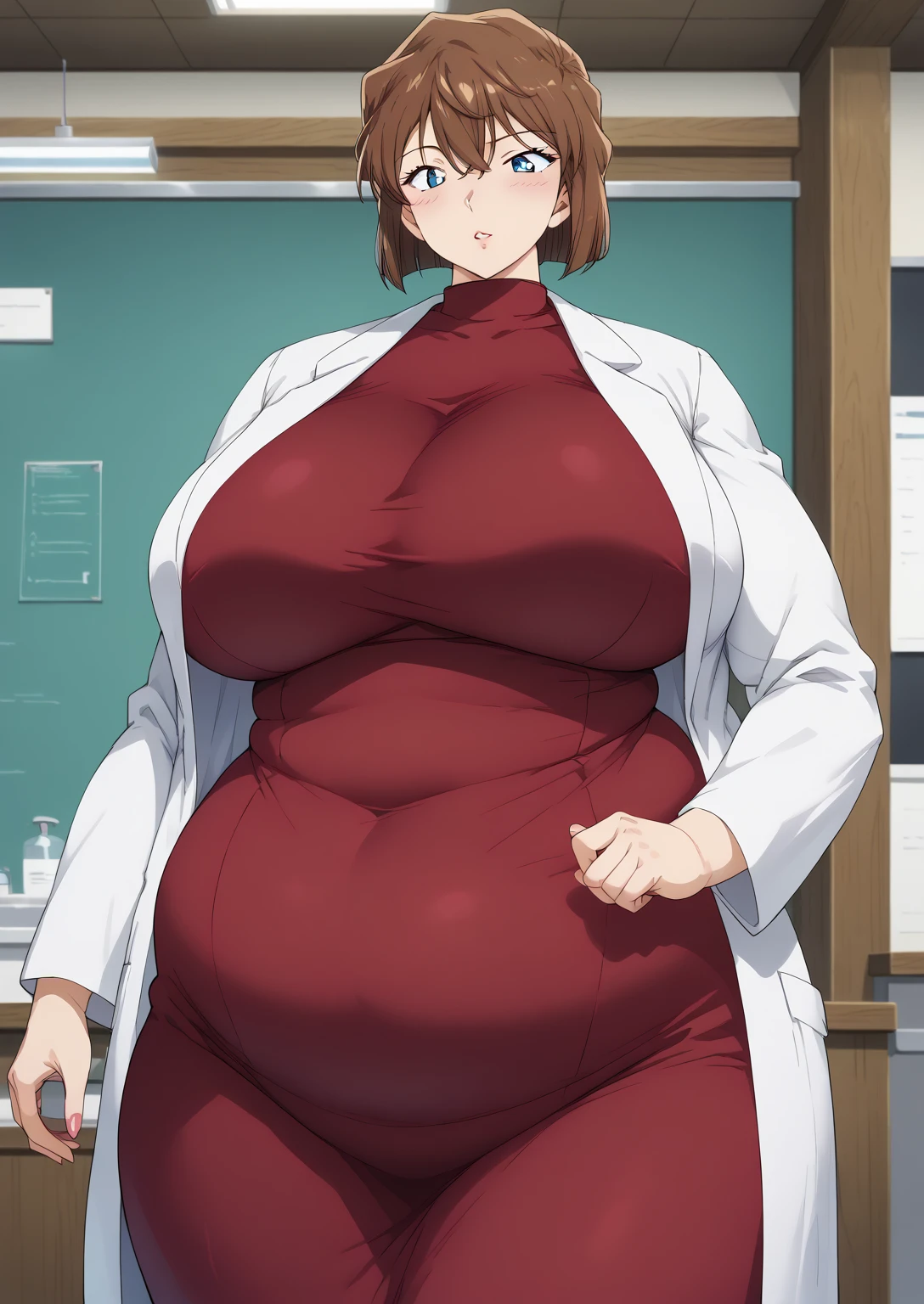 Shiho Miyano, Miyano Shiho, short hair,Brown Hair, blue eyes,hair between eyes,lab coat, Mulberry dress, long sleeve dress, mini skirt dress, score_9,   score_8_ up,   score_7_ up,   score_6_ up,   score_5_ up,   score_4_ up,     masterpiece   ,   top quality,     very aesthetic  ,    absurd,    source_Anime, Anime screencap,    one woman , Alone,   personal   ,  Super huge breasts, (((S uper huge クレビス, Super huge , Super huge boob))), Curvy,   in her 20s,  Mature Woman,   obese , ,  troubled expression,  