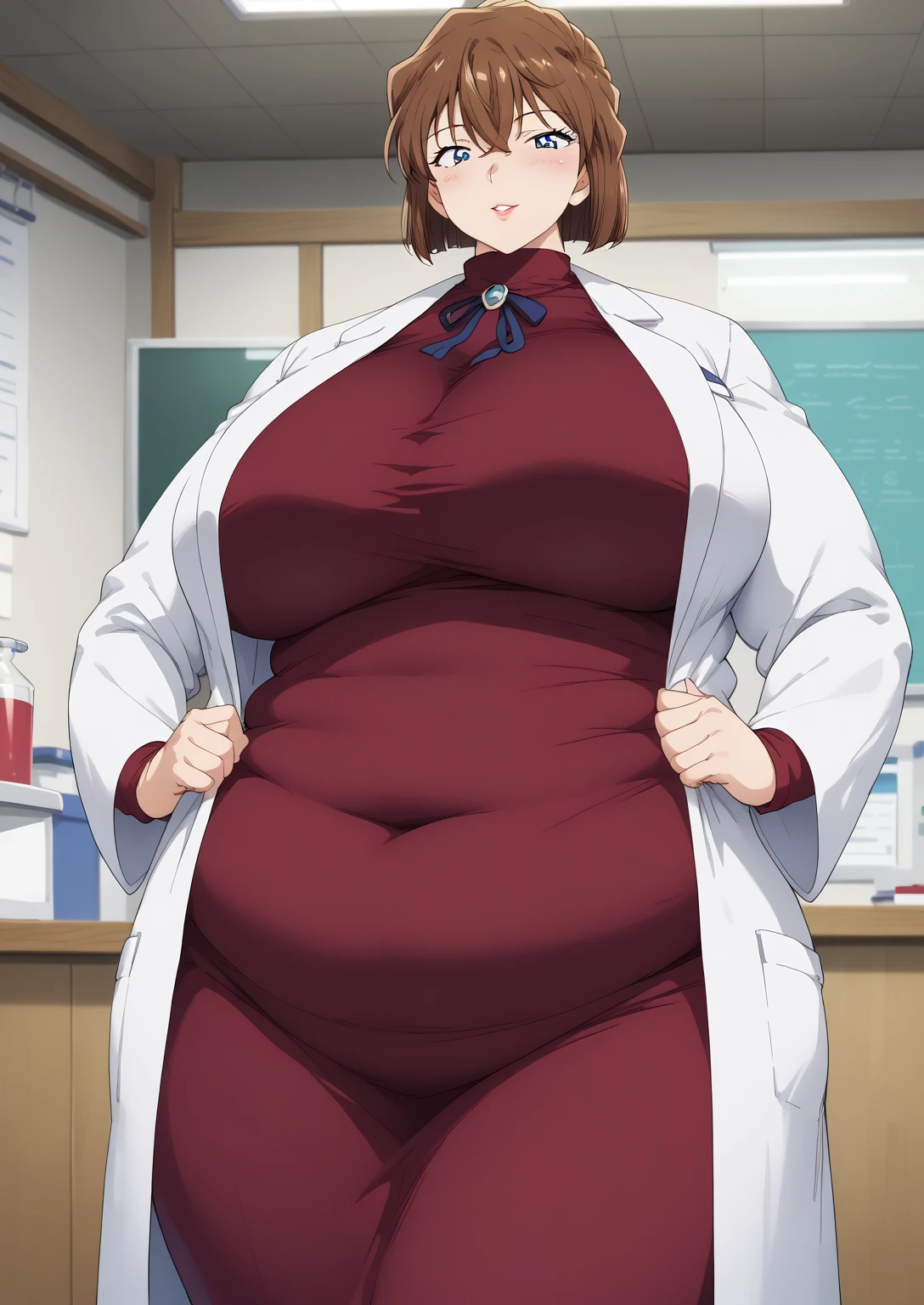 Shiho Miyano, Miyano Shiho, short hair,Brown Hair, blue eyes,hair between eyes,lab coat, Mulberry dress, long sleeve dress, mini skirt dress, score_9,   score_8_ up,   score_7_ up,   score_6_ up,   score_5_ up,   score_4_ up,     masterpiece   ,   top quality,     very aesthetic  ,    absurd,    source_Anime, Anime screencap,    one woman , Alone,   personal   ,  Super huge breasts, (((S uper huge クレビス, Super huge , Super huge boob))), Curvy,   in her 20s,  Mature Woman,   obese , ,  troubled expression,  