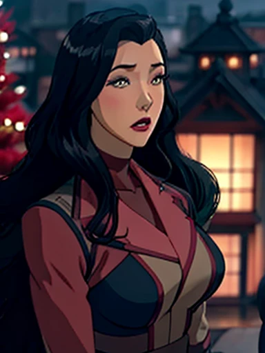 Asami Sato long wavy black hair ,  blue eyes pink cheeks full lips and dark makeup cute face looking at the spectator,  big boobs, Christmas, Little tree with lights and ornaments , 8k wallpaper 