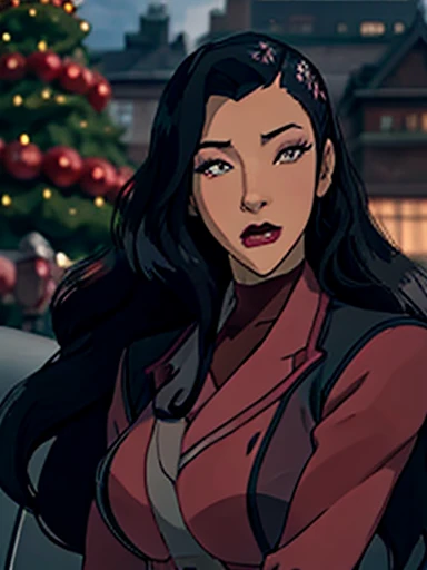 Asami Sato long wavy black hair ,  blue eyes pink cheeks full lips and dark makeup cute face looking at the spectator,  big boobs, Christmas, Little tree with lights and ornaments , 8k wallpaper 